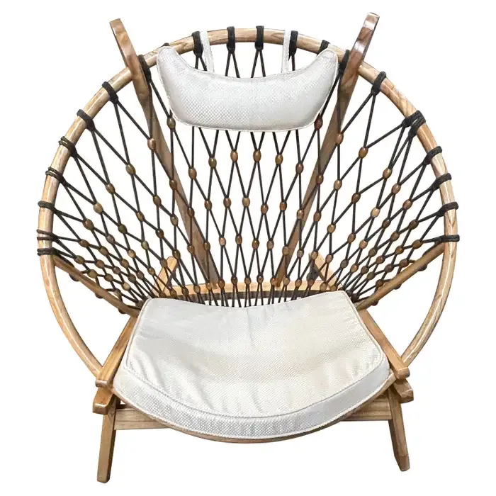 Late 20th Century Modern Round \'Snowshoe\' Wood & Woven Rope Lounge Chair