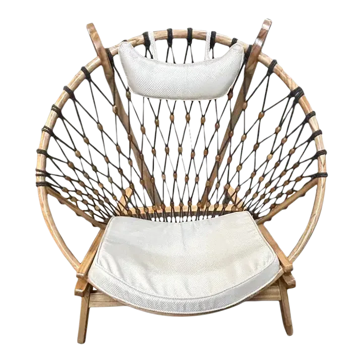 Late 20th Century Modern Round \'Snowshoe\' Wood & Woven Rope Lounge Chair