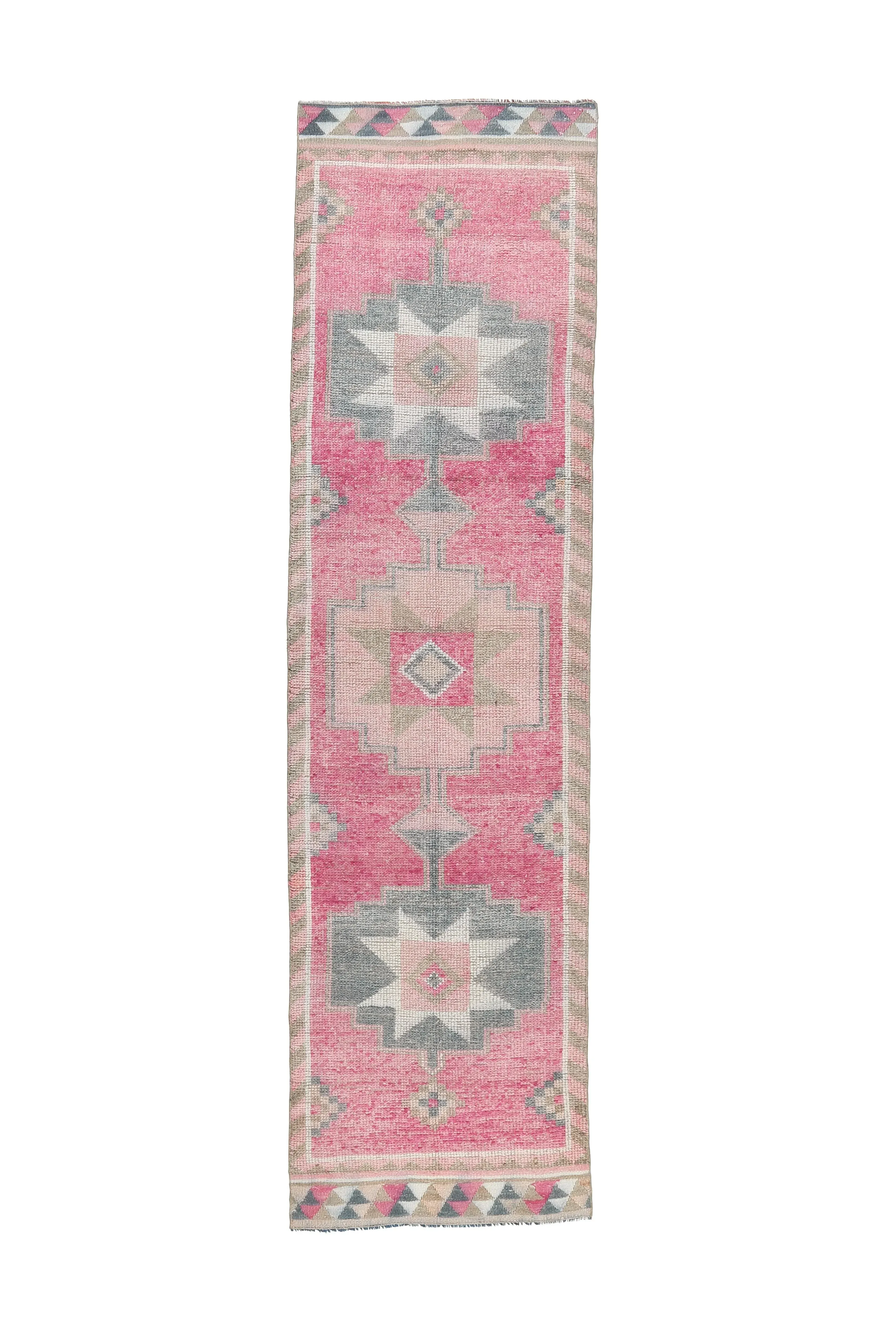 Vintage Pink Geometric Turkish Hand-Knotted Runner