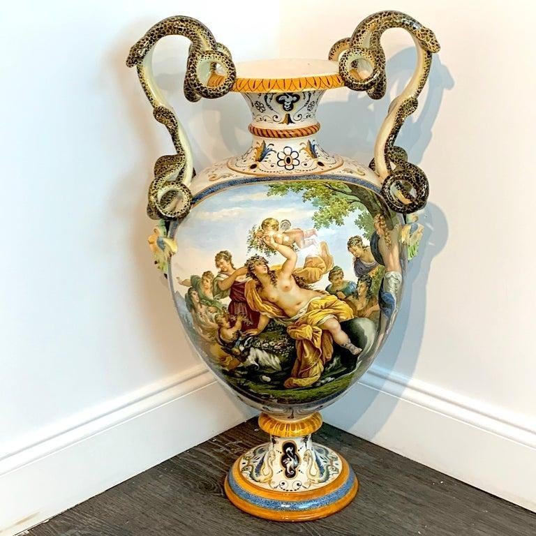 Ginori Majolica Allegorical Serpent Handled Vase | Chairish