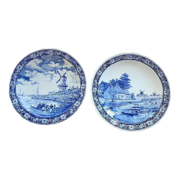 Vintage Pair of Boch Belgium Delft Large Cabinet Plates | Chairish