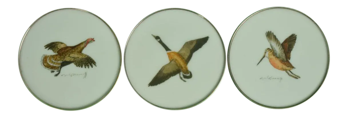 1950s Vintage Cyril Gorainoff Milk Glass Game Bird Coasters - Set of 3