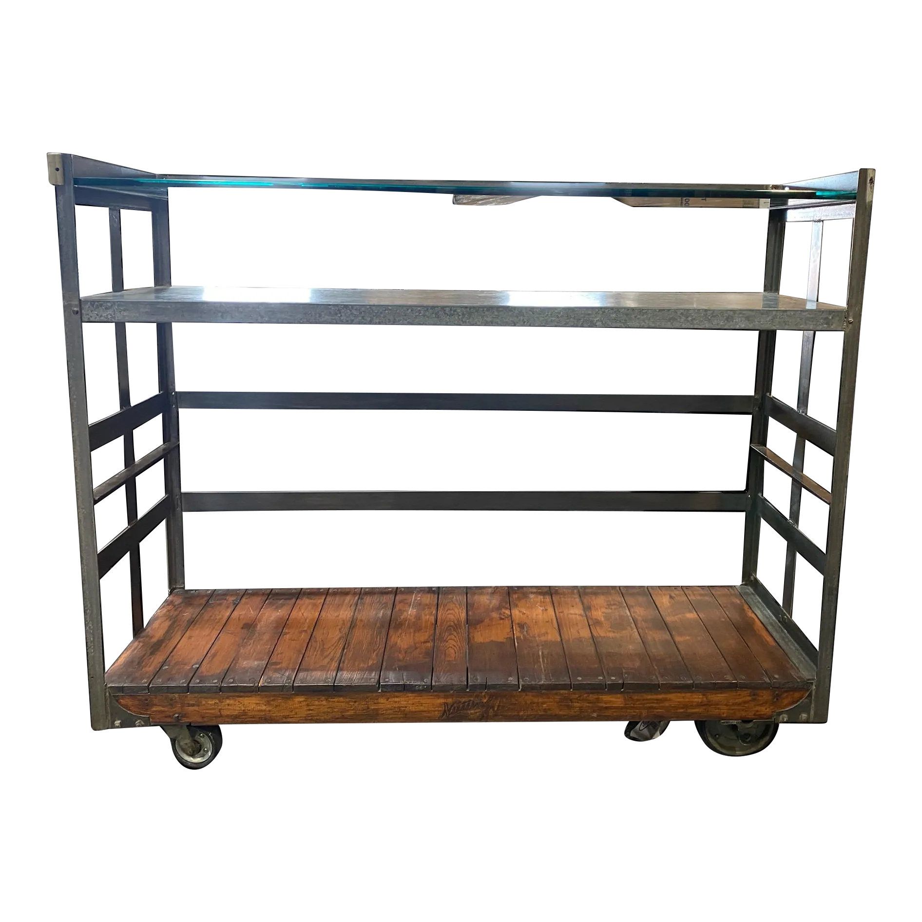 Photo inspiration: Distressed Wood Shelving Units Reference: 1940S Vintage Metal Glass Distress Wood Shelving Unit