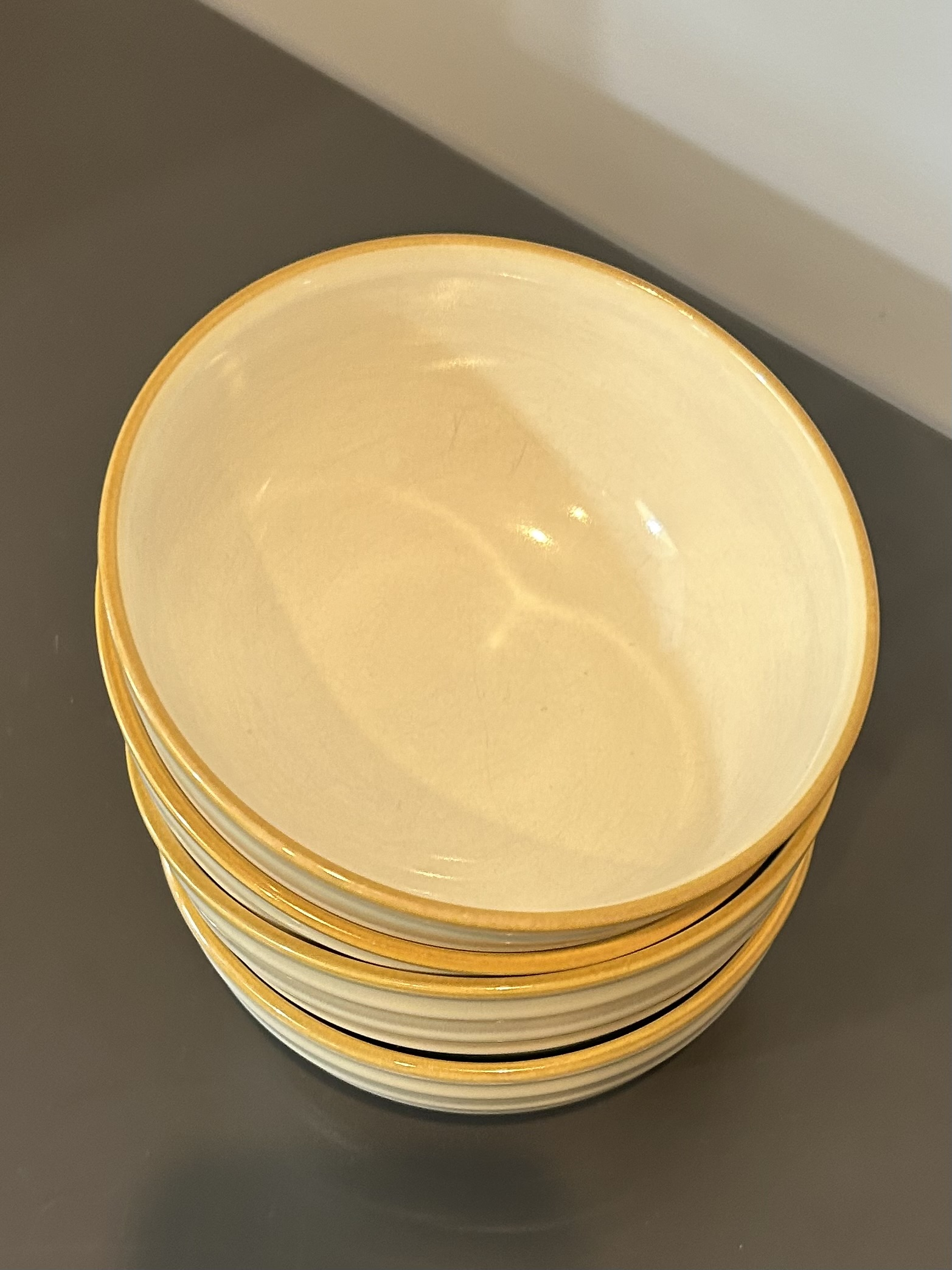Vintage Mid-Century Modern Dansk Reactic Khaki Soup & Cereal Bowls Ribbed Stoneware - Set of 4
