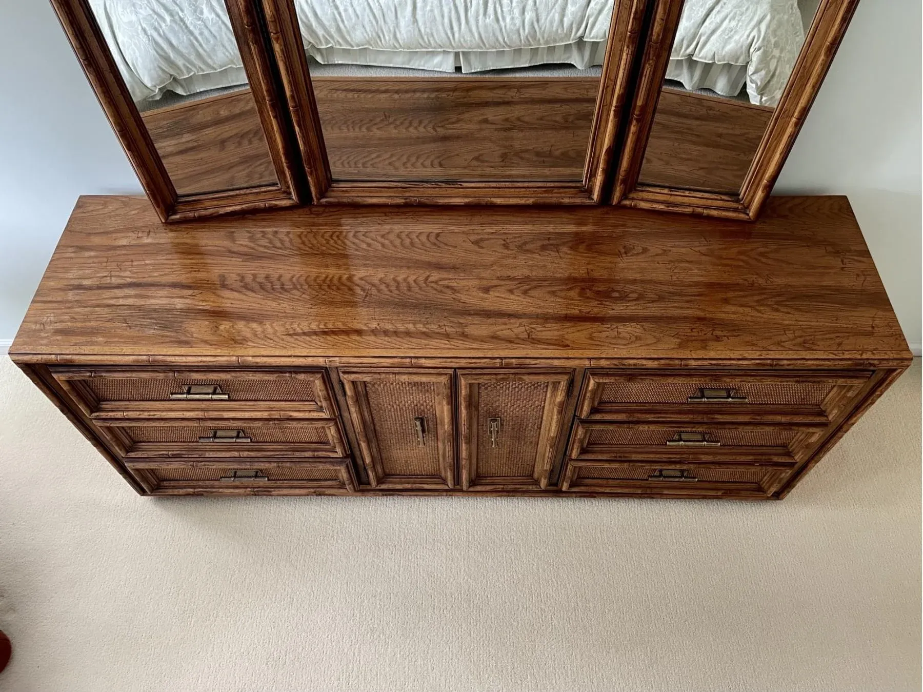 Mid-Century Modern Faux Bamboo Dresser With Mirror - Refinished