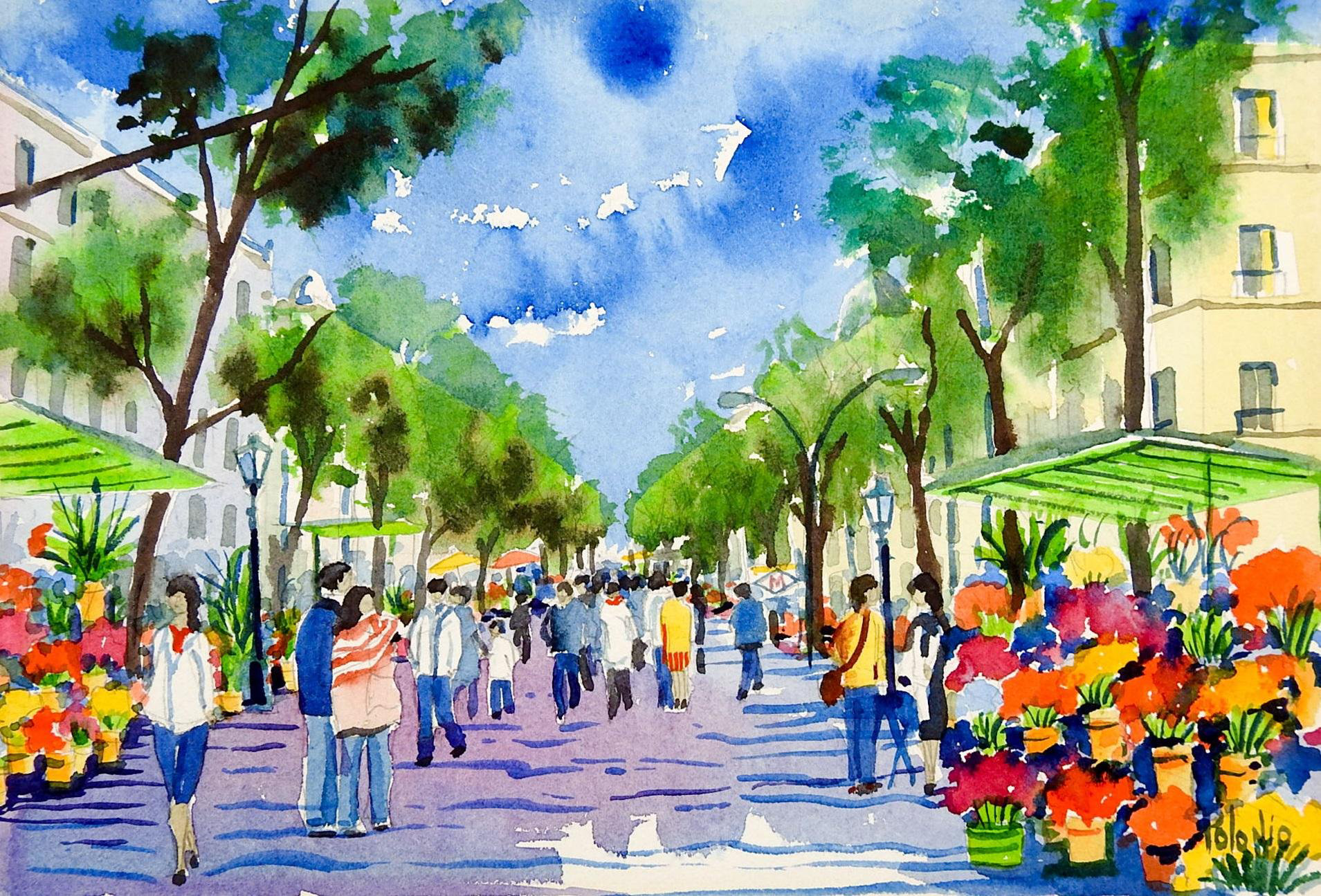 Vibrant Street Scene Watercolor Painting Chairish