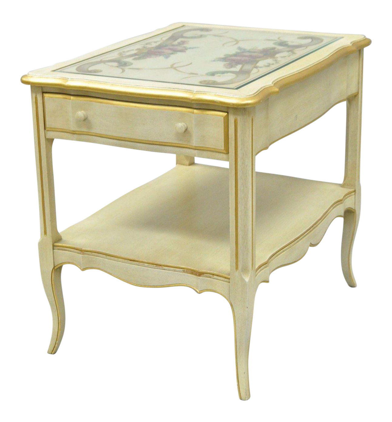 Vintage French Country Provincial Style Floral Painted Cream 1 Drawer