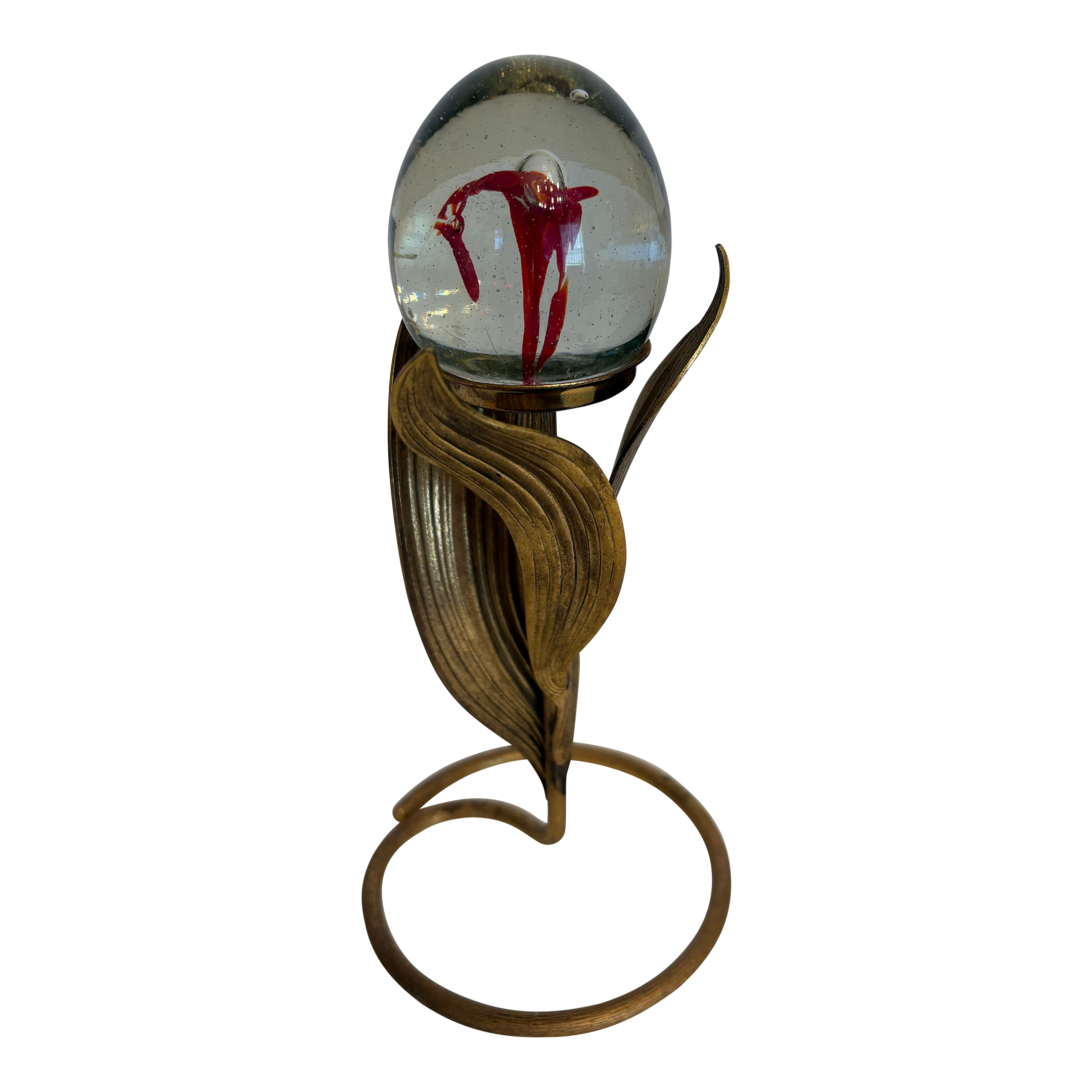 1960s Art Nouveau Stand Holding Murano Style Lily Bud Vessel Hand Blown Glass Inside Sphere