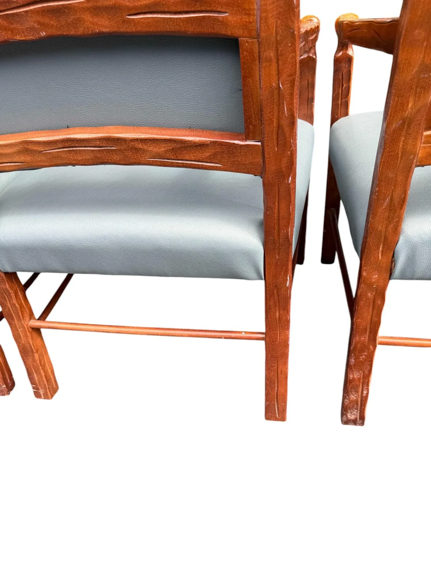 Late 20th Century Rustic Style Carved Wood and Blue Faux Leather Dining Chairs - a Set of 4