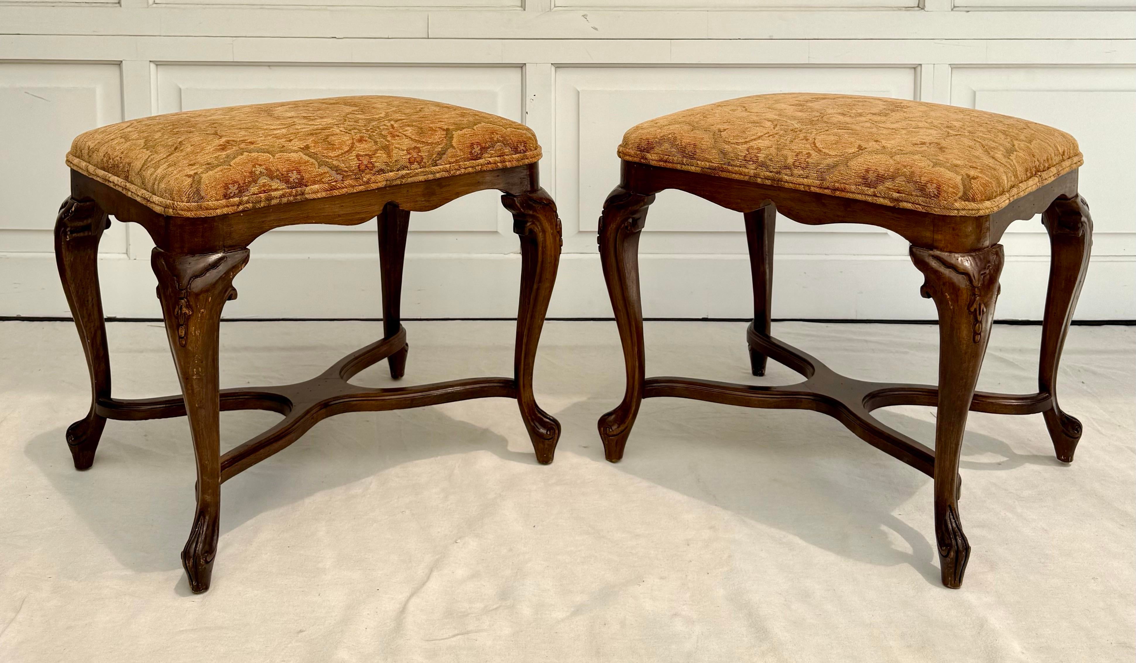 Pair of French Louis XV Queen Anne Carved Wood Upholstered Stools