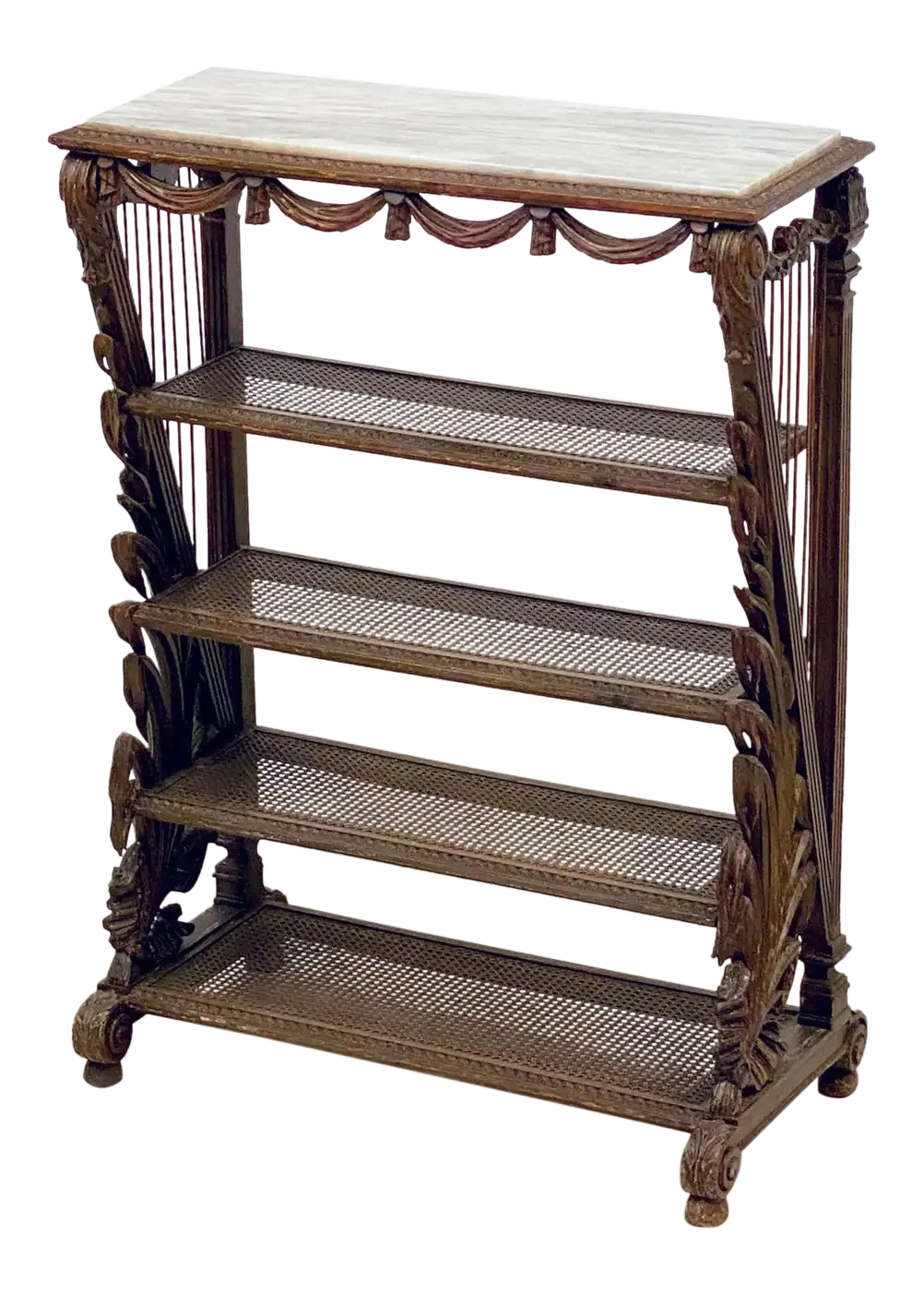 French Carved Etagere With Caned Shelves With Marble Top Chairish