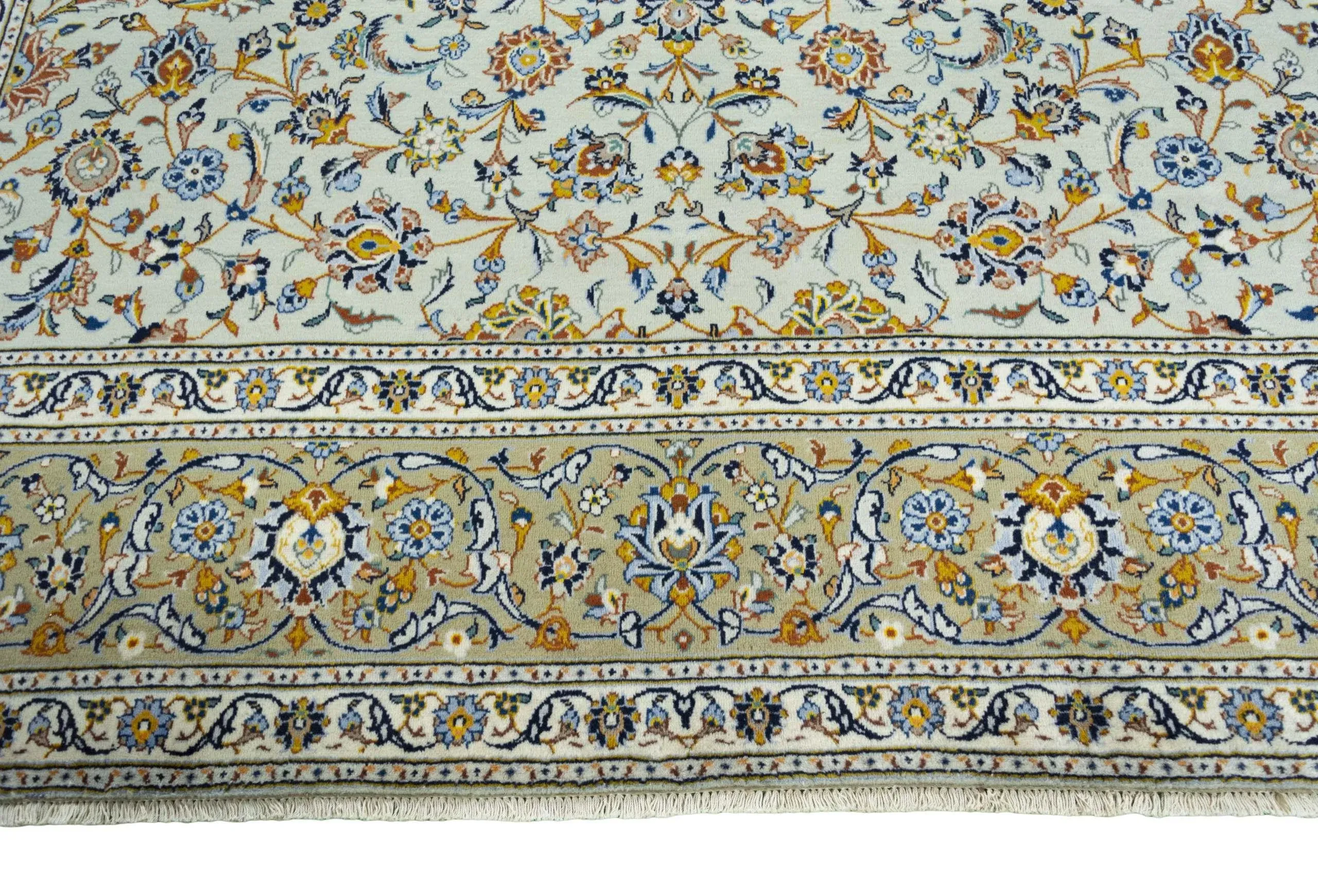 Hand-Knotted Kashan Oriental Rug in Pistachio Green with Floral Motifs