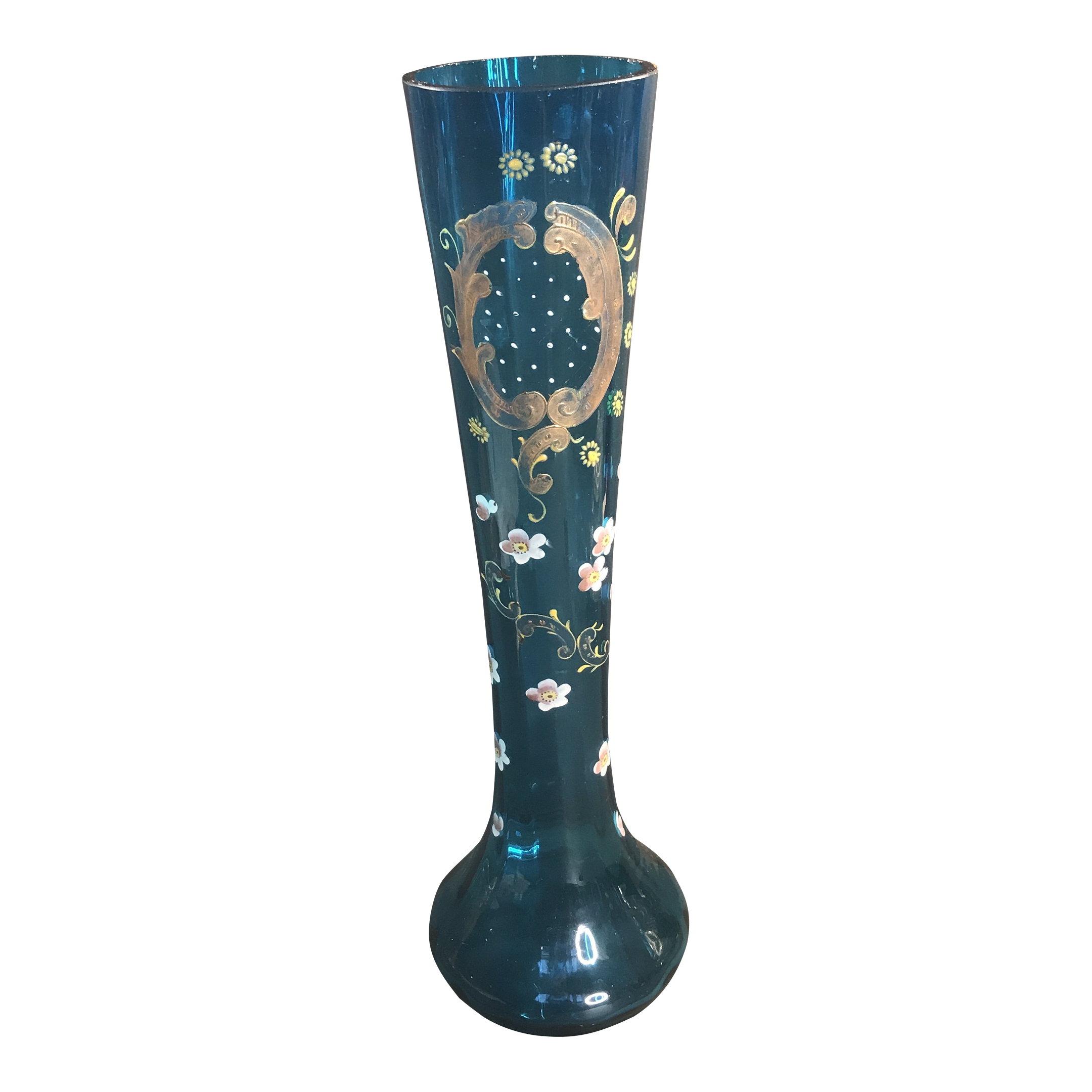 1925 French Enamel Glass Vase in Blue with Gold Gilding Flowers, France