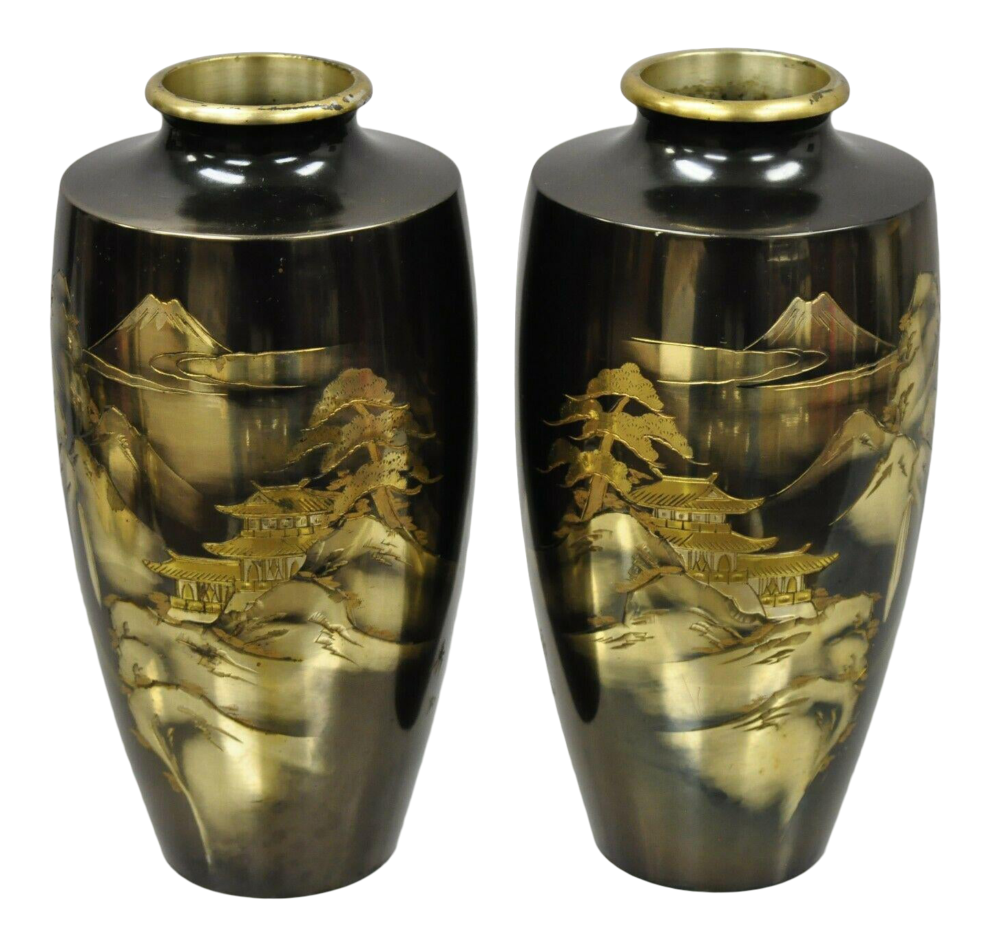 Vintage Asian Style Bronze Metal Pagoda Mountain Engraved Vases a