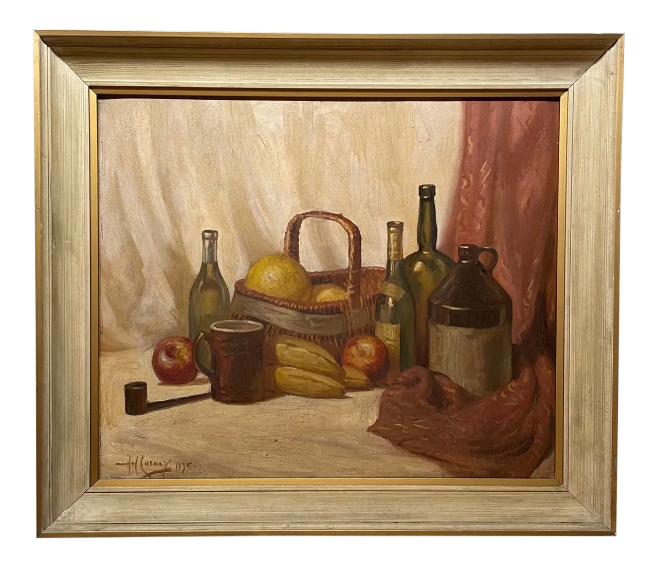 1930s "Baskets of Fruit and Wine" Still Life Oil Painting by Harold W. Cheney, Framed Chairish