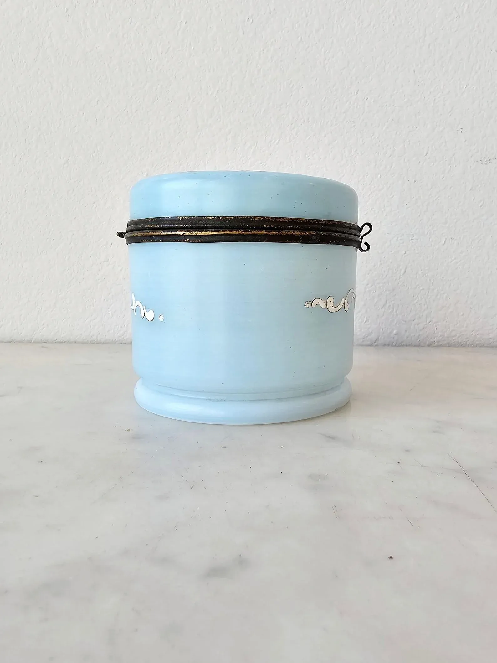 Antique Victorian Blue Opaline Milk Glass Jewelry Casket