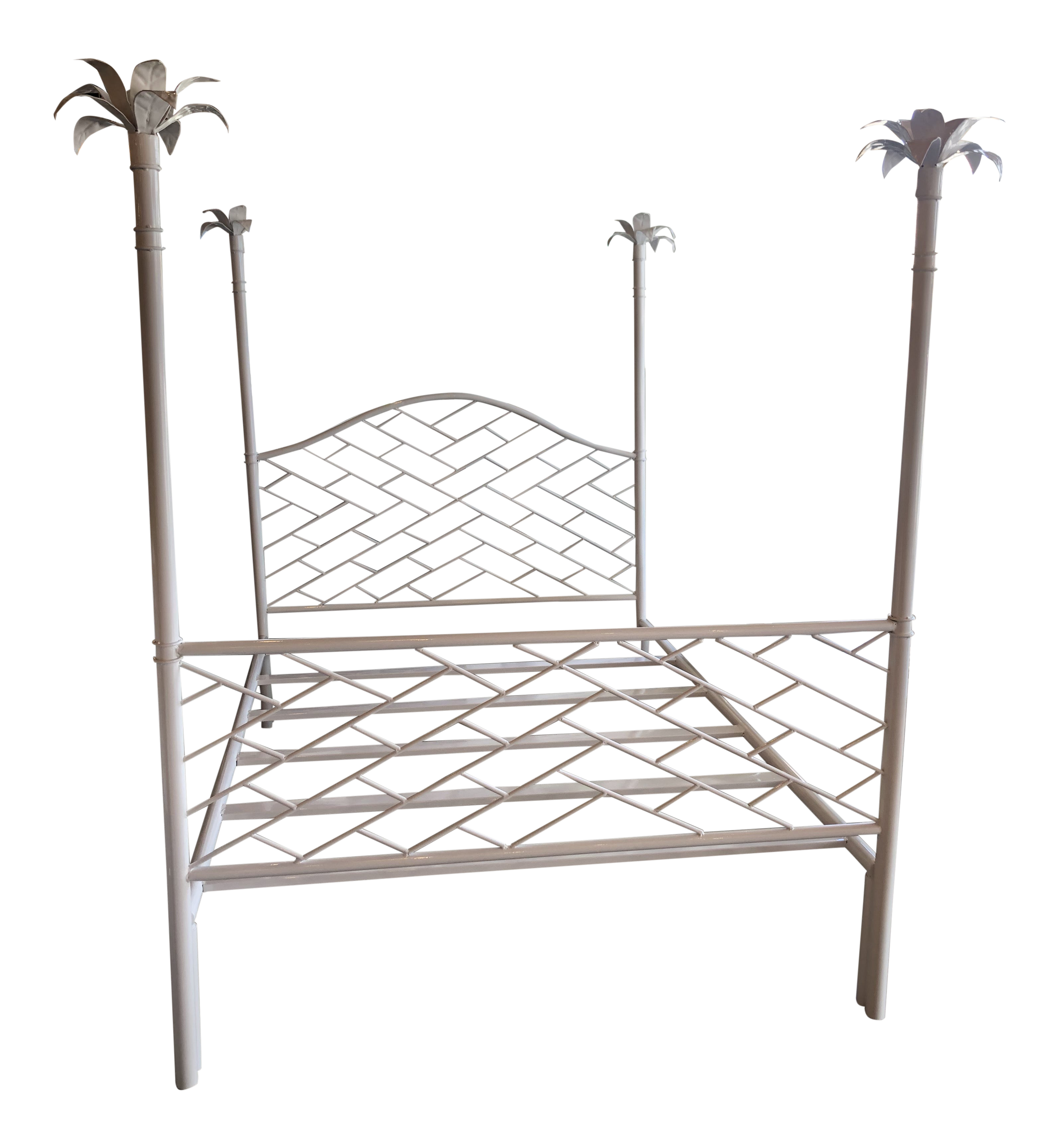 Vintage Chinese Chippendale Palm Tree Leaf Metal Four Poster Queen Full Size Bed