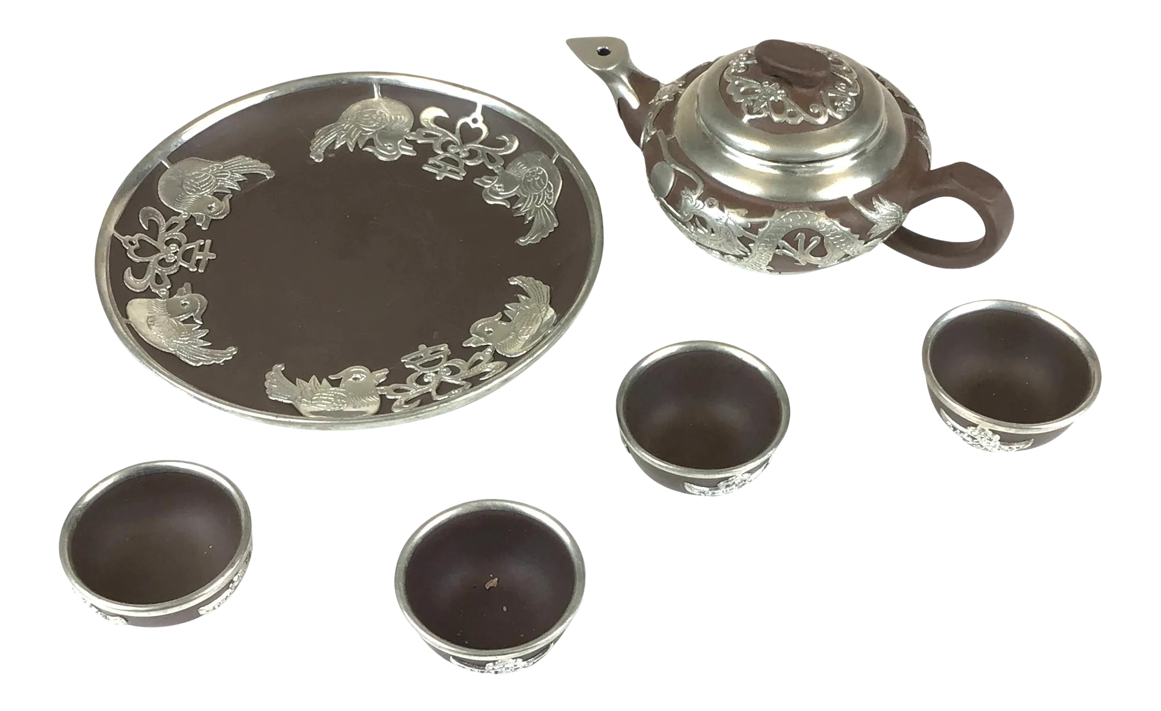 Vintage Chinese Yixing Zisha Teapot Set with Silver Tone Overlay 6