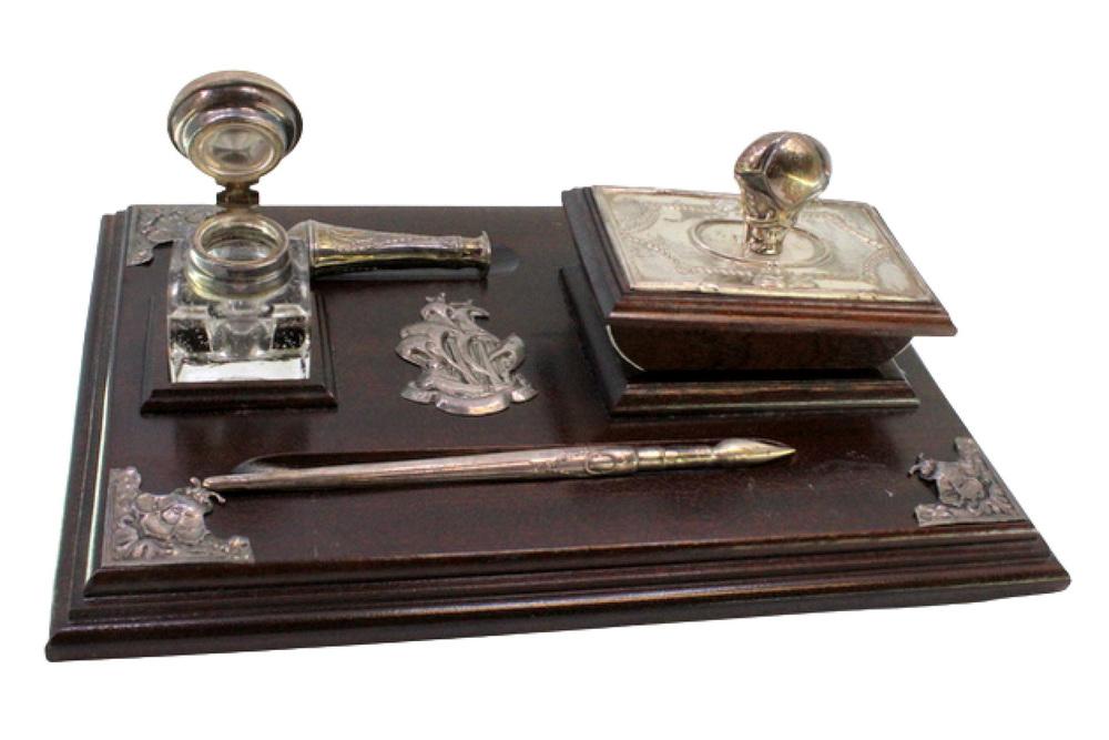 Wooden Inkwell with Silver Applications, Pen, Ink Tank, Blotter and Seal