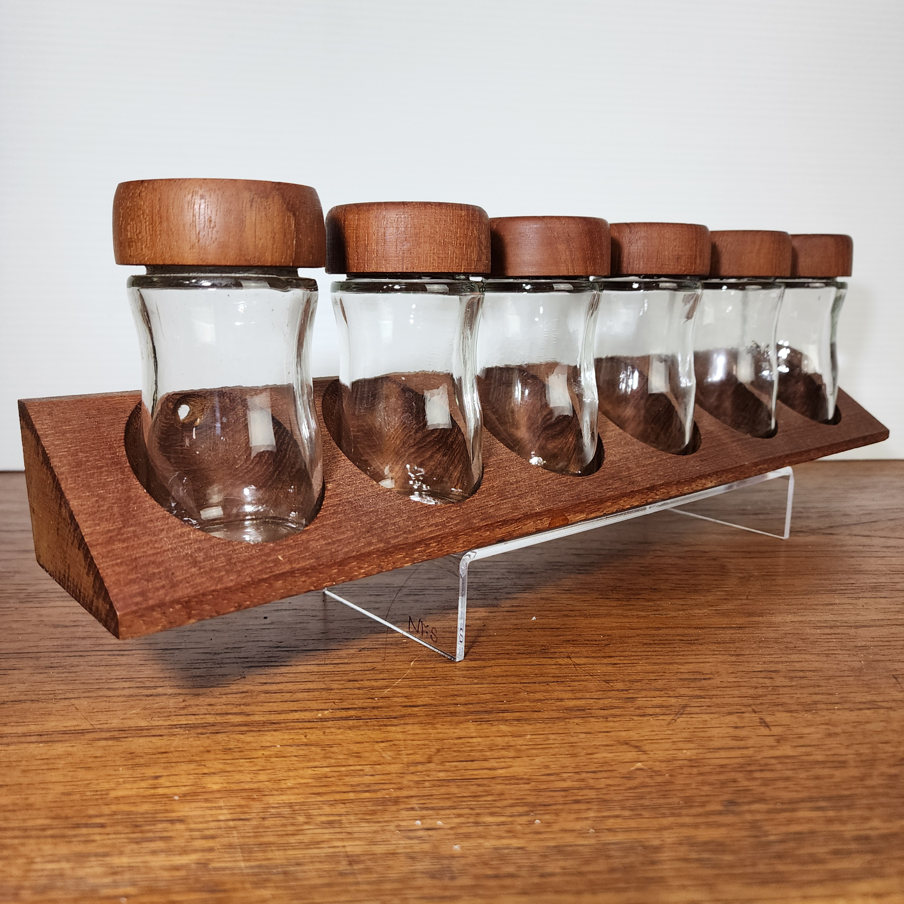 Vintage Mid-Century Modern Digsmed Teak Spice Rack & Jars- Set of