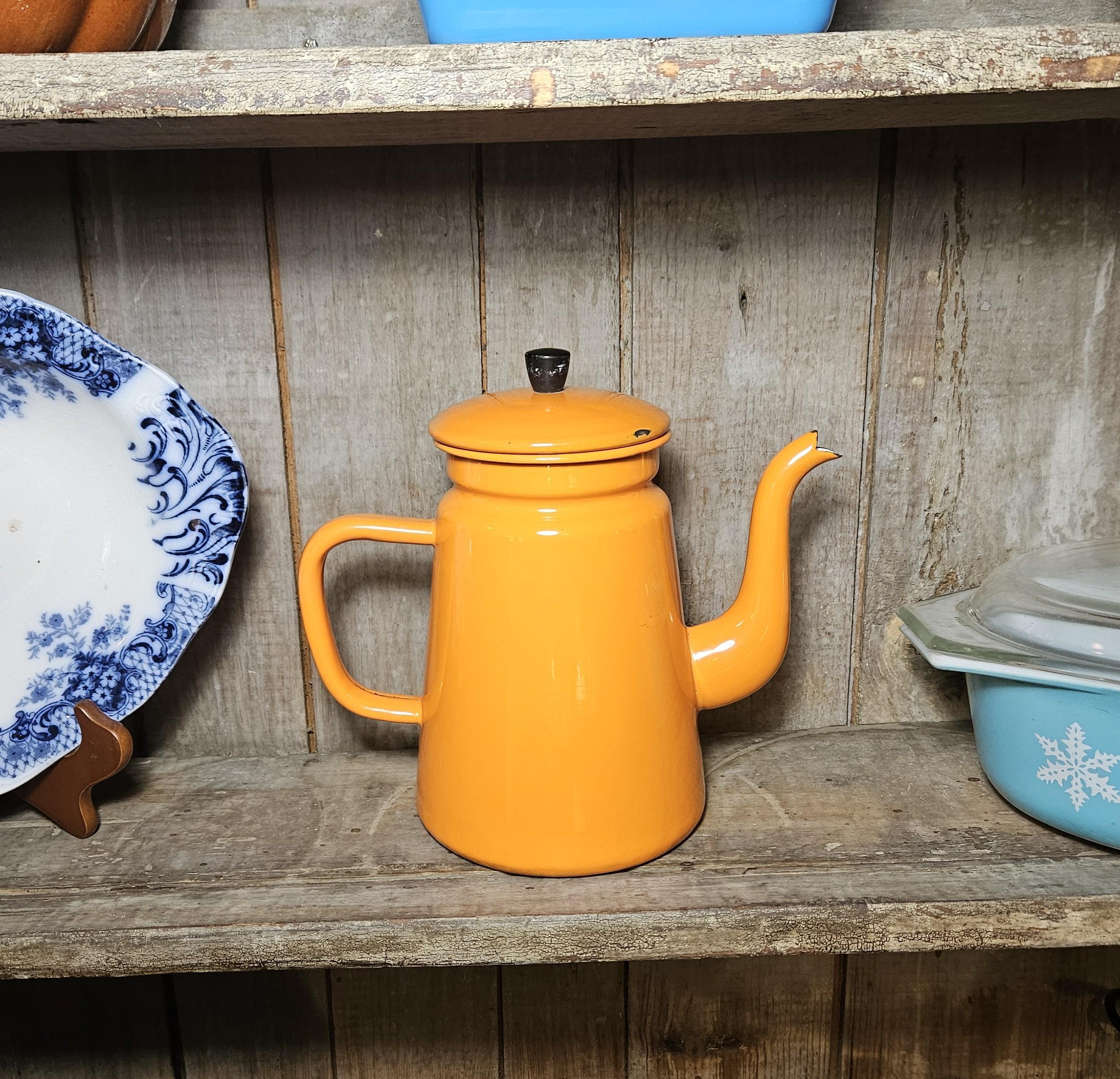 Vintage Mid-Century Modern Orange Enamelware Coffee/Tea Pot