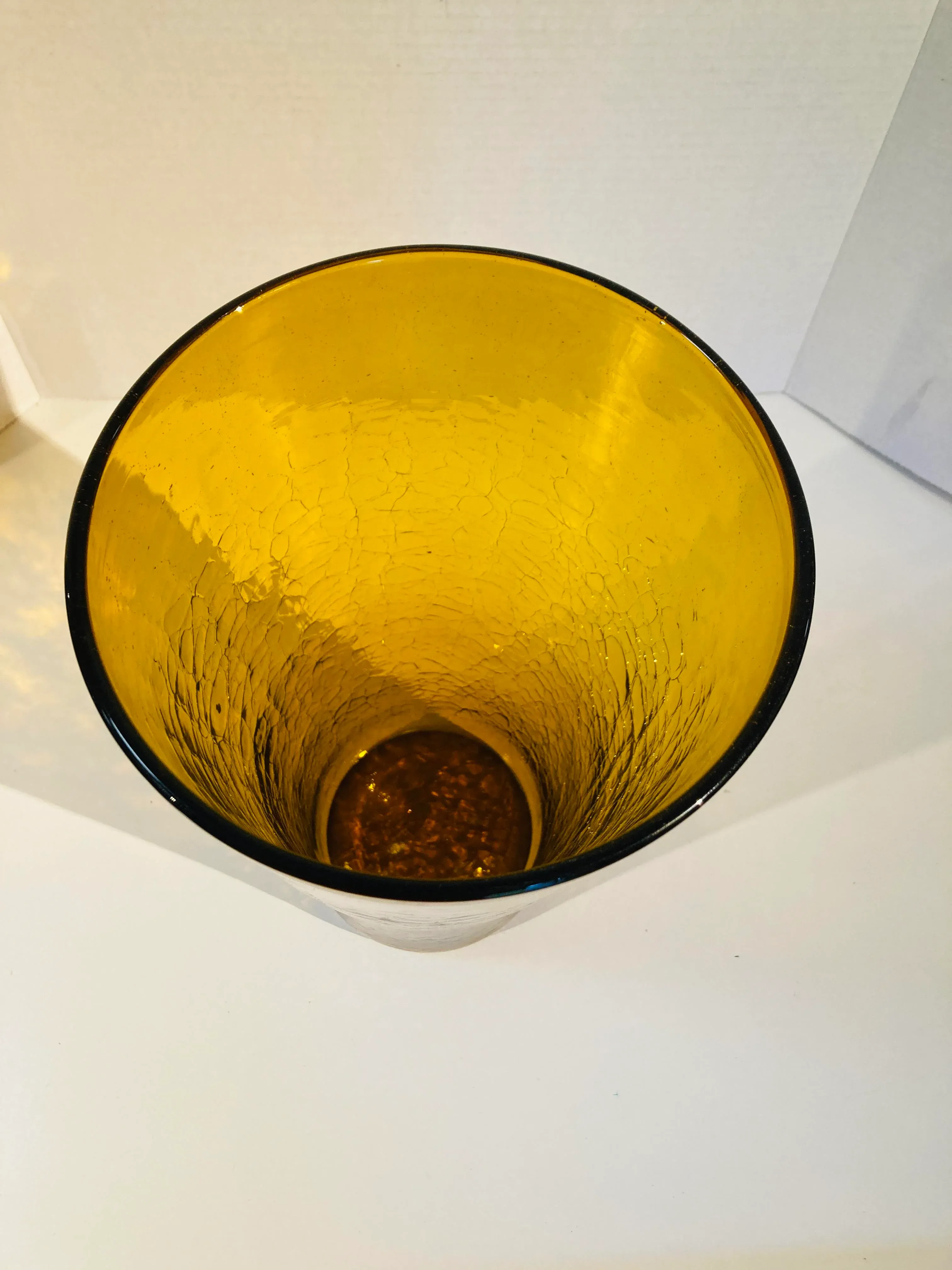 1960s Vintage Amber Crackle Hand Blown Glass Tall Vase