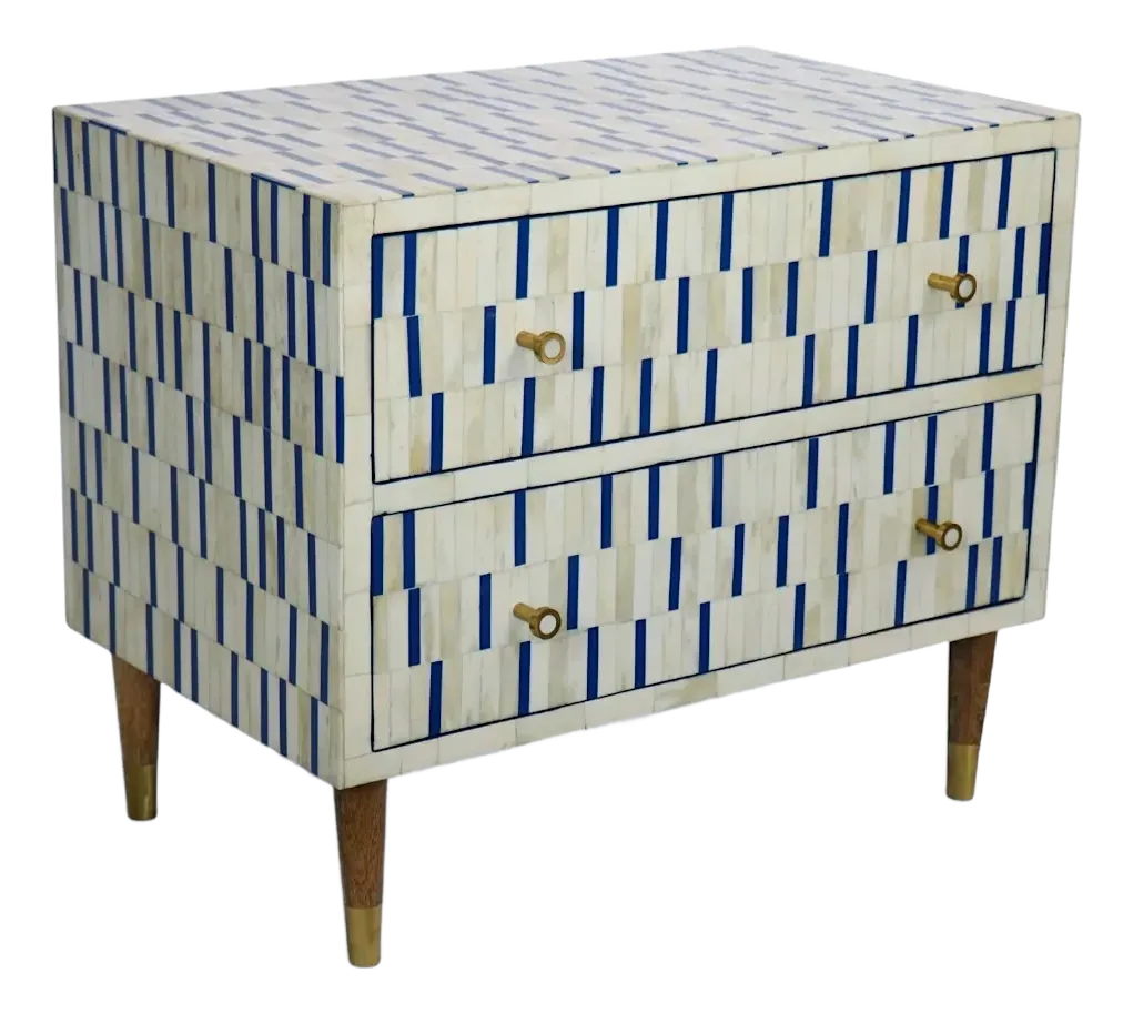 Bone Inlay Bedside Table in Blue & White Geometric Pattern | Chairish