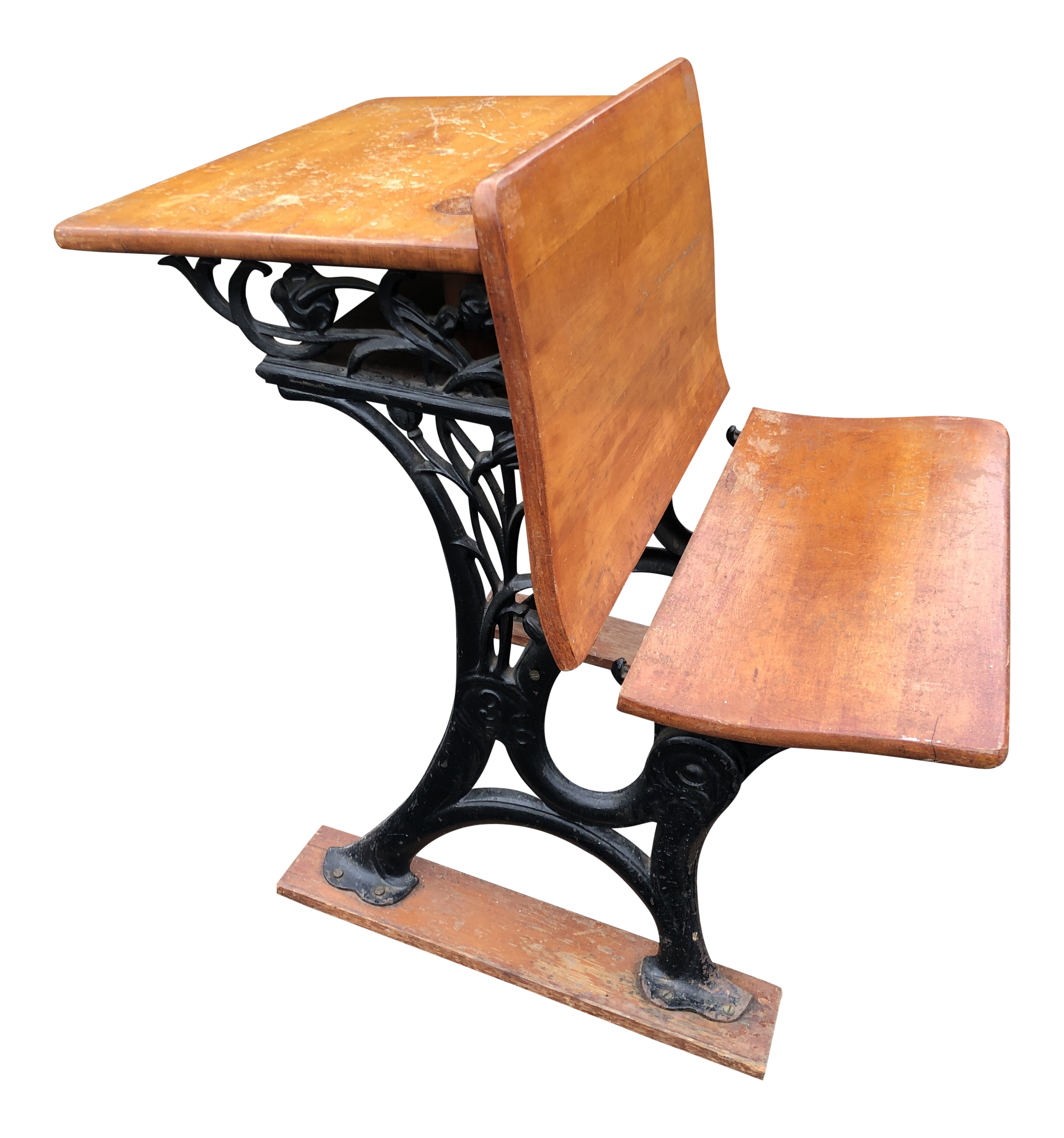 Antique Wood Cast Iron Childs School Desk With Folding Seat