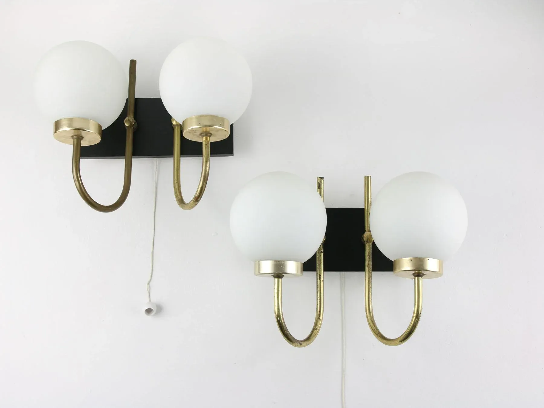 Mid-Century Brass & Opaline Sconces, Set of 2