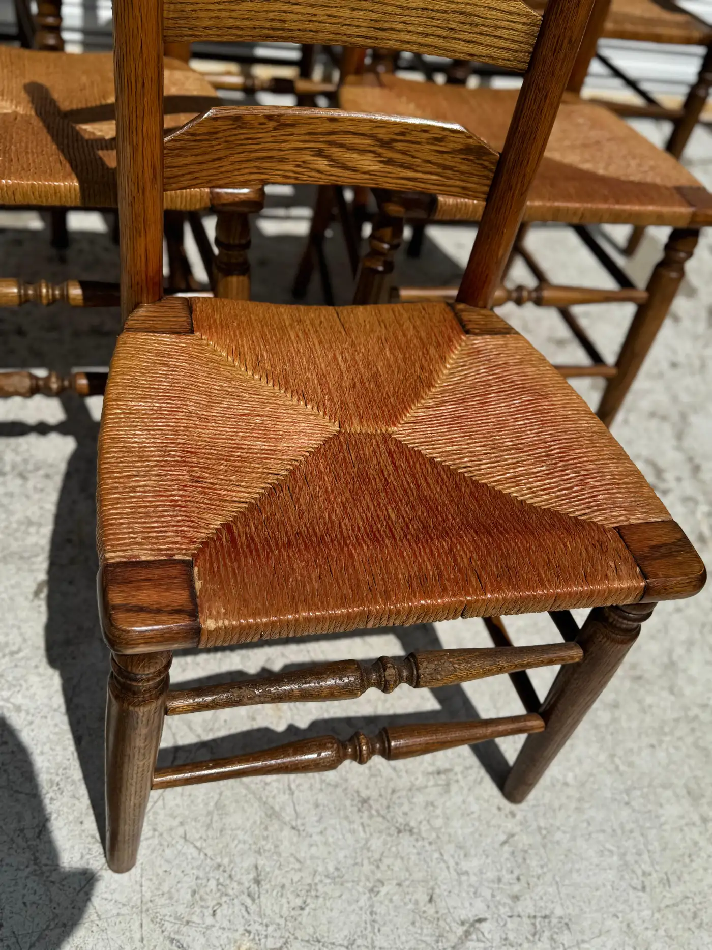 Mid 20th Century Set of 6 Rush Seat Walnut Ladderback Dining