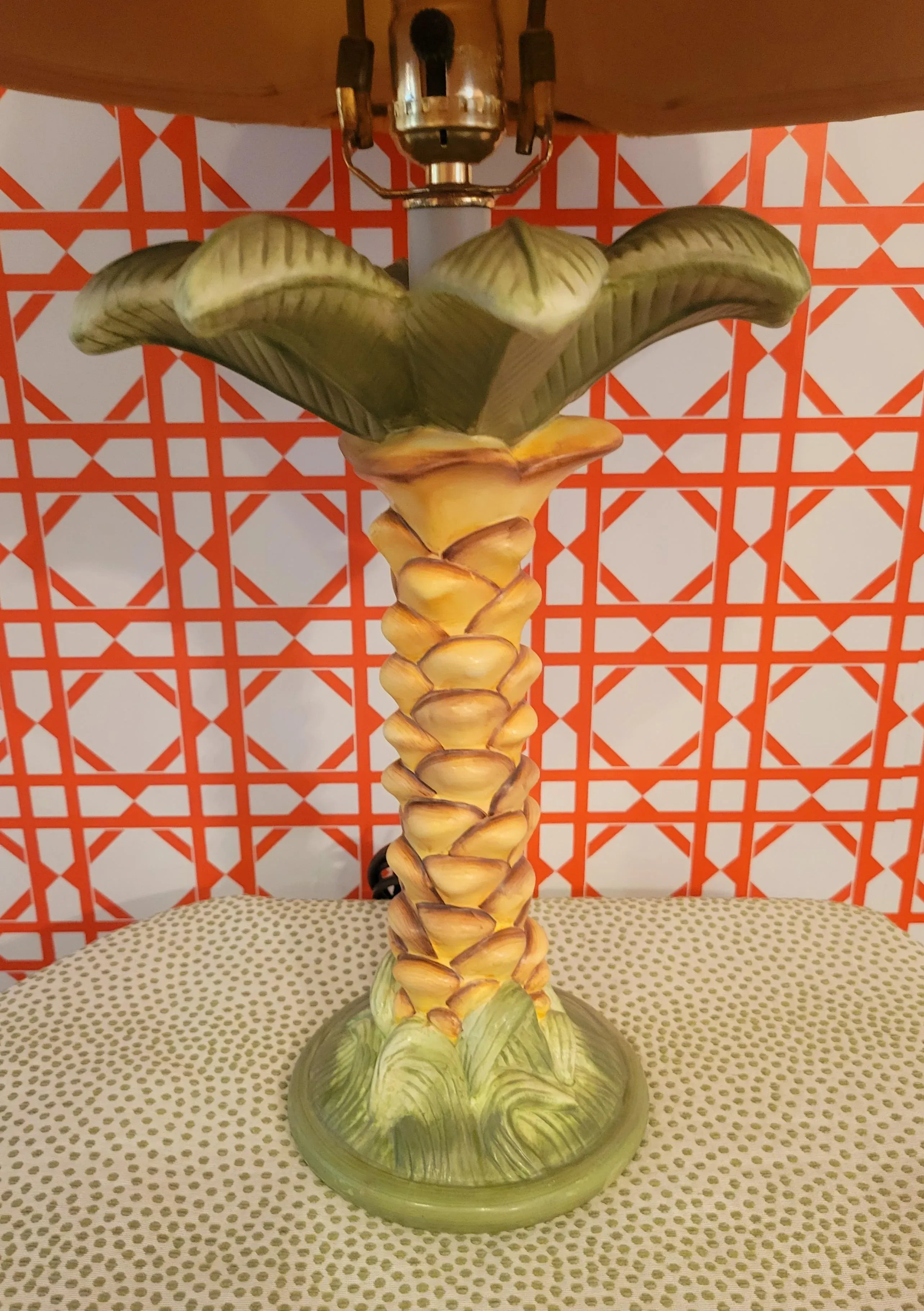Vintage Ceramic Whimsical Palm Tree Regency Style Wicker Shade Table Lamp main image 0