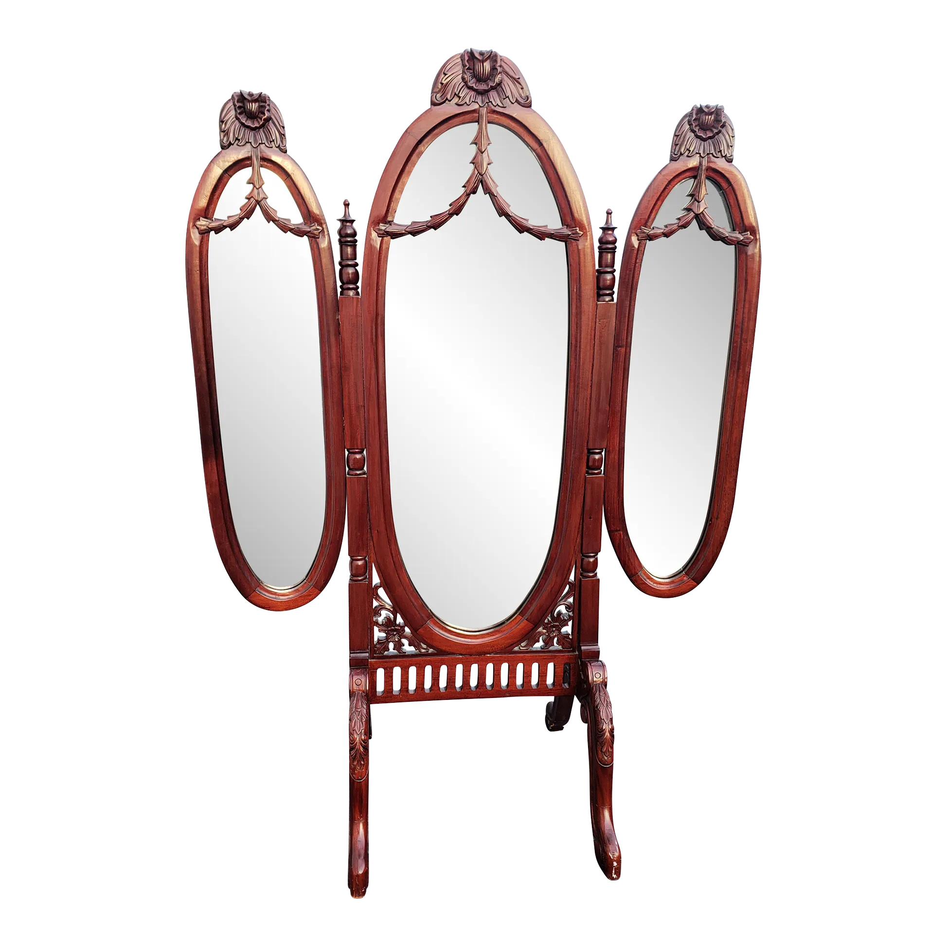 Victorian Style Carved Mahogany Triptych Full Length Floor Mirror