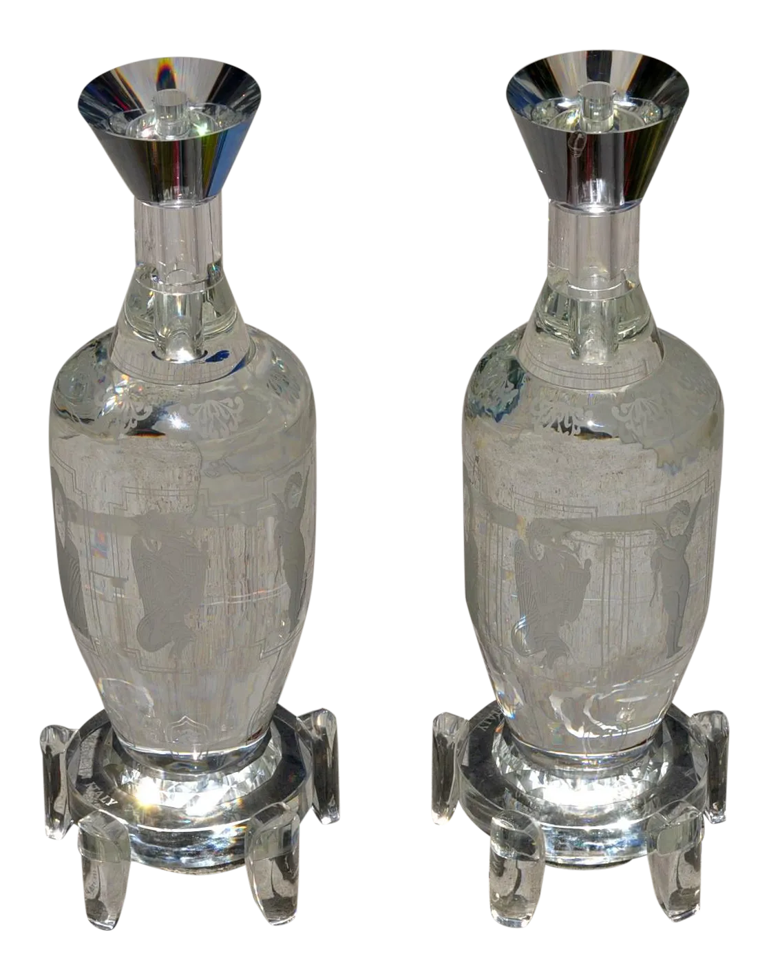 Solid Clear Crystal Candlesticks, Large and Heavy With Etched Art a