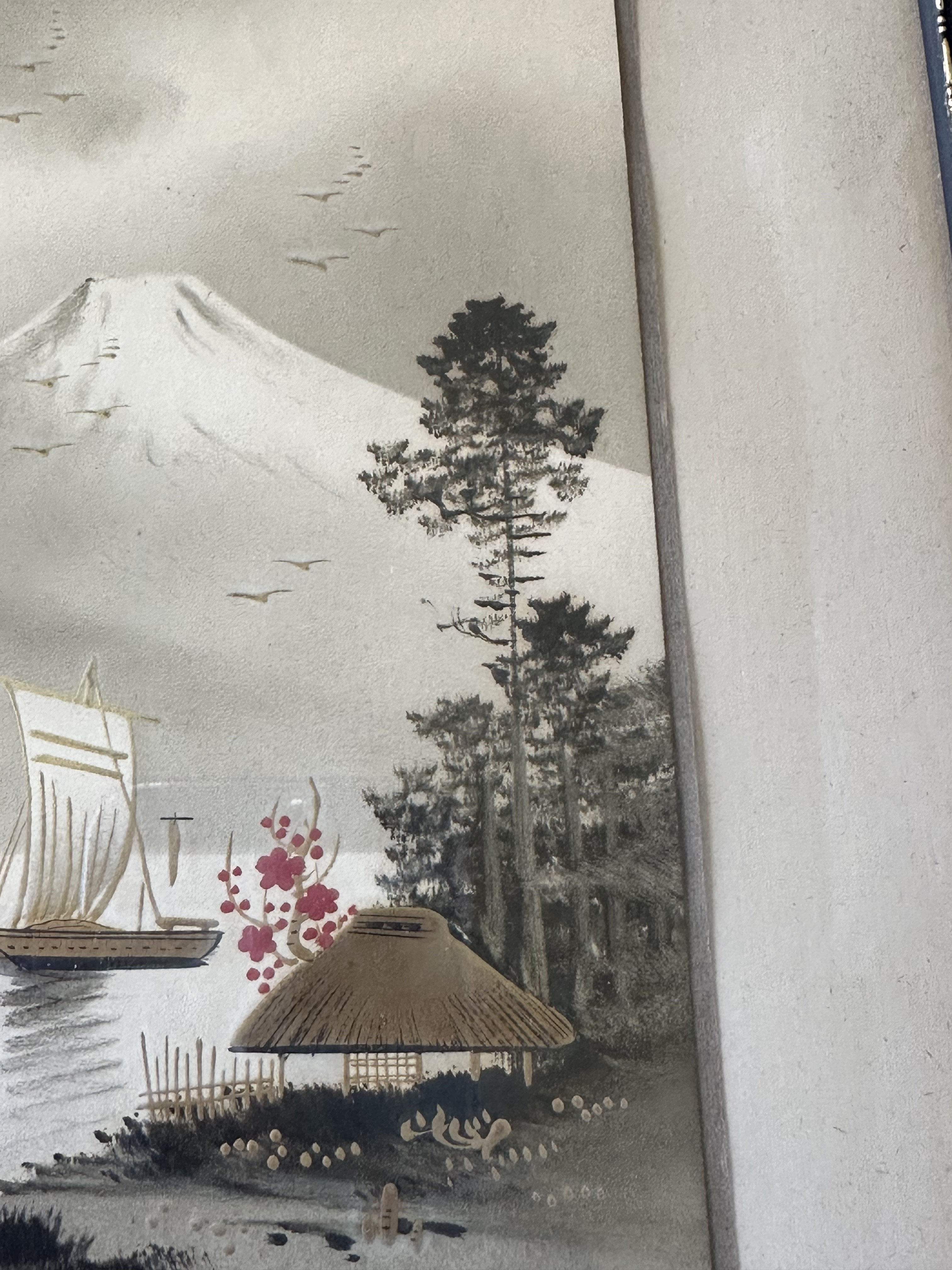 水墨画 富峰飛鶴 富士山と鶴 約150cm x 60cm