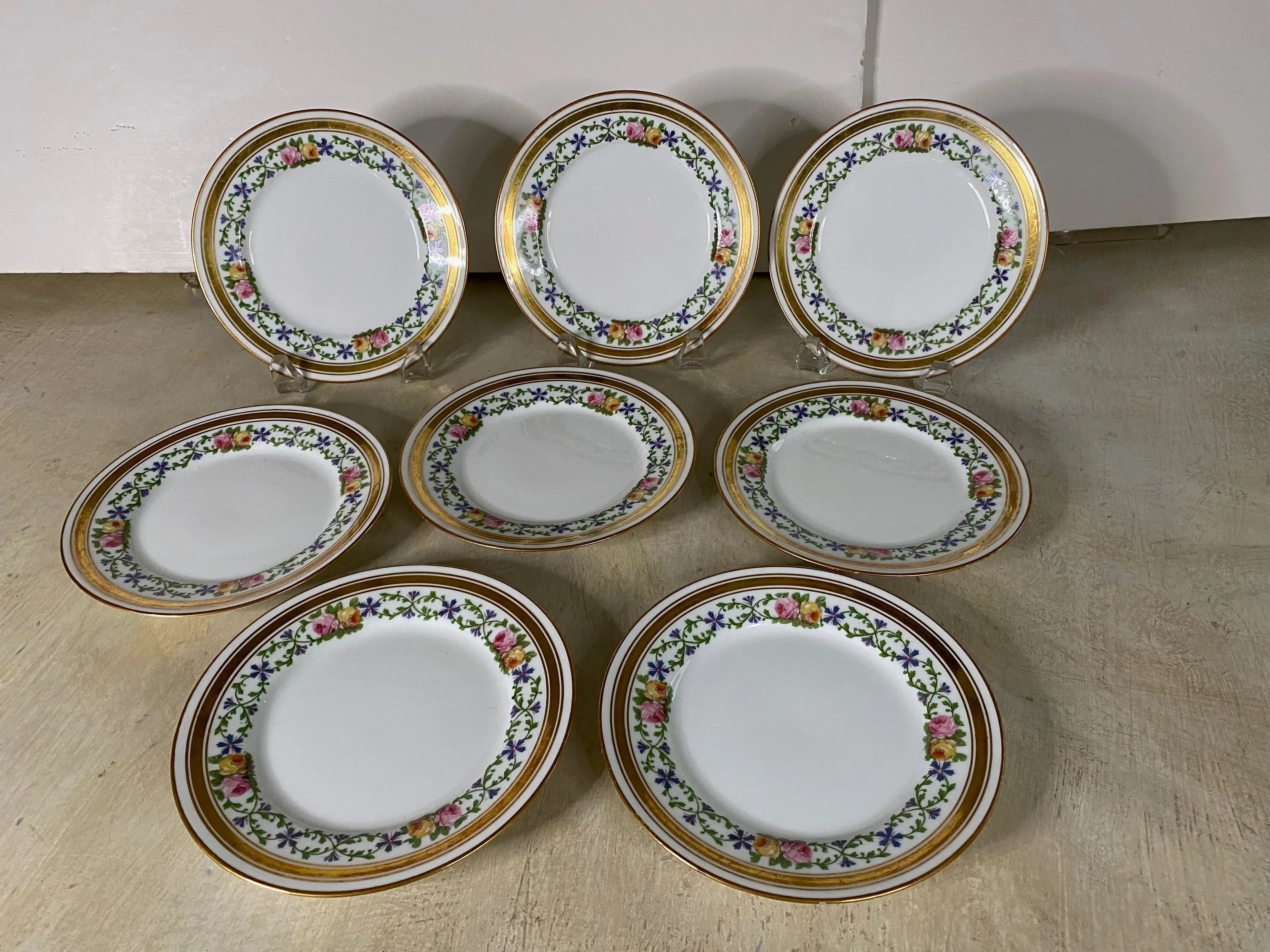 19th Century Gold Encrusted Charles Ahrendfeldt Limoges Porcelain Dessert Plates- Set of 8Matilda Jane platinum Christmas Sara