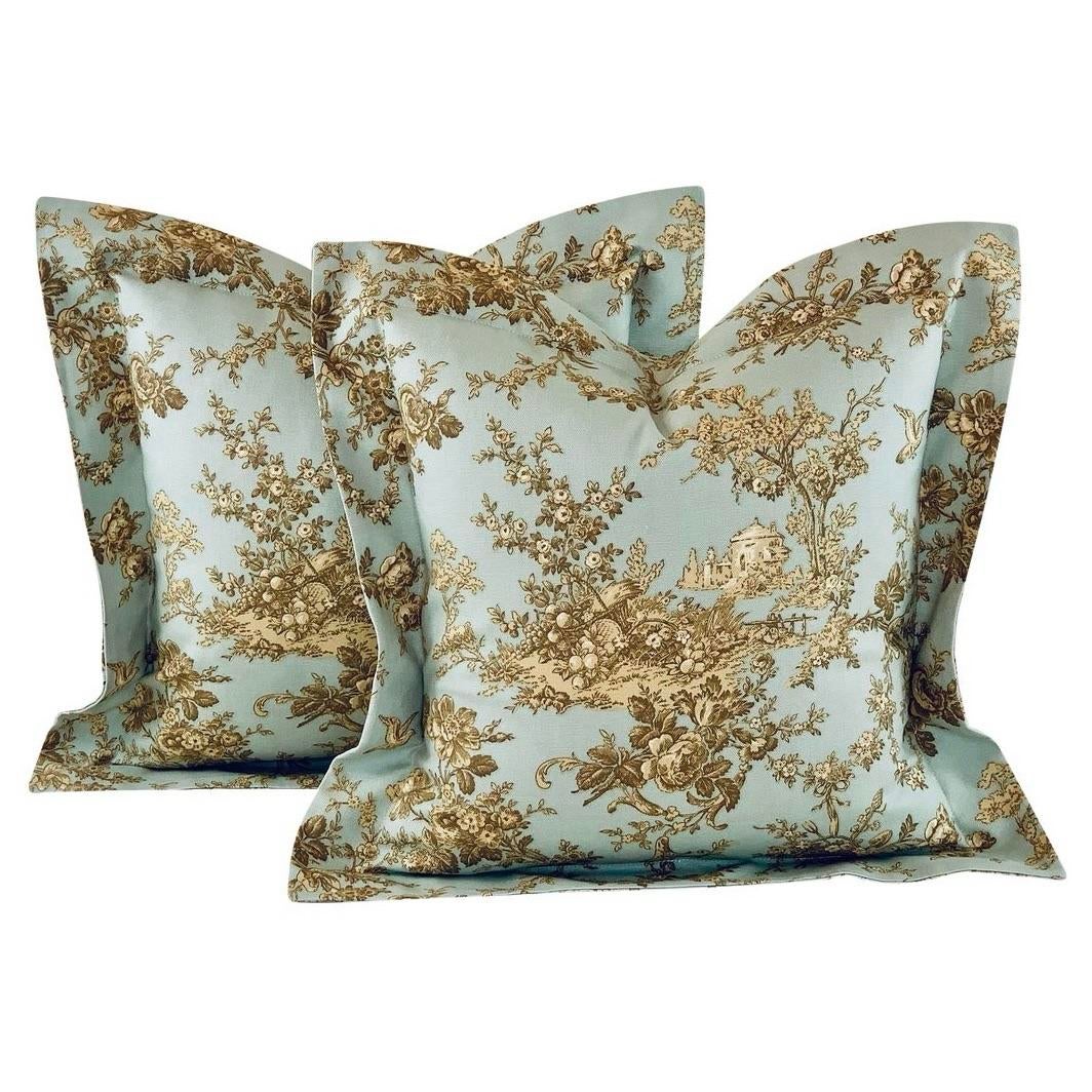 Designer P Kaufmann Aqua Brown Cream Tan French Country Scenic Toile Pillow  Covers- 21\, image size:1064x1064