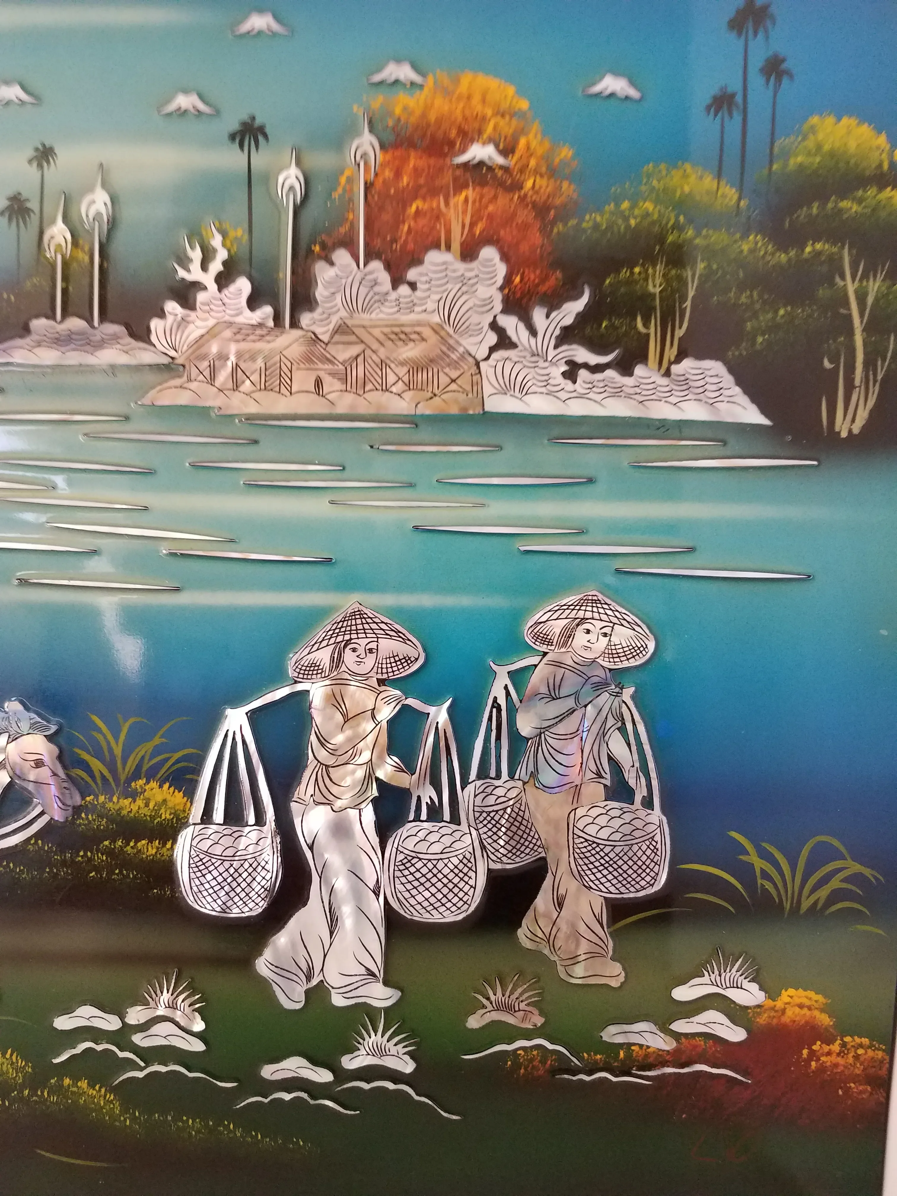 1980s Asian Black Lacquer and Mother of Pearl Signed Wood Wall