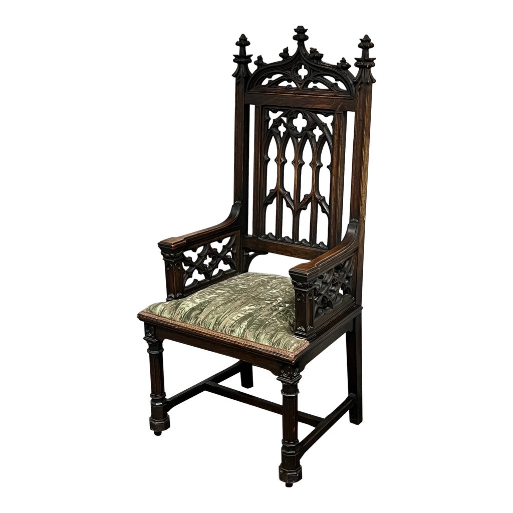Antique Gothic Cathedral Chair With Velvet Seat Cushion | Chairish