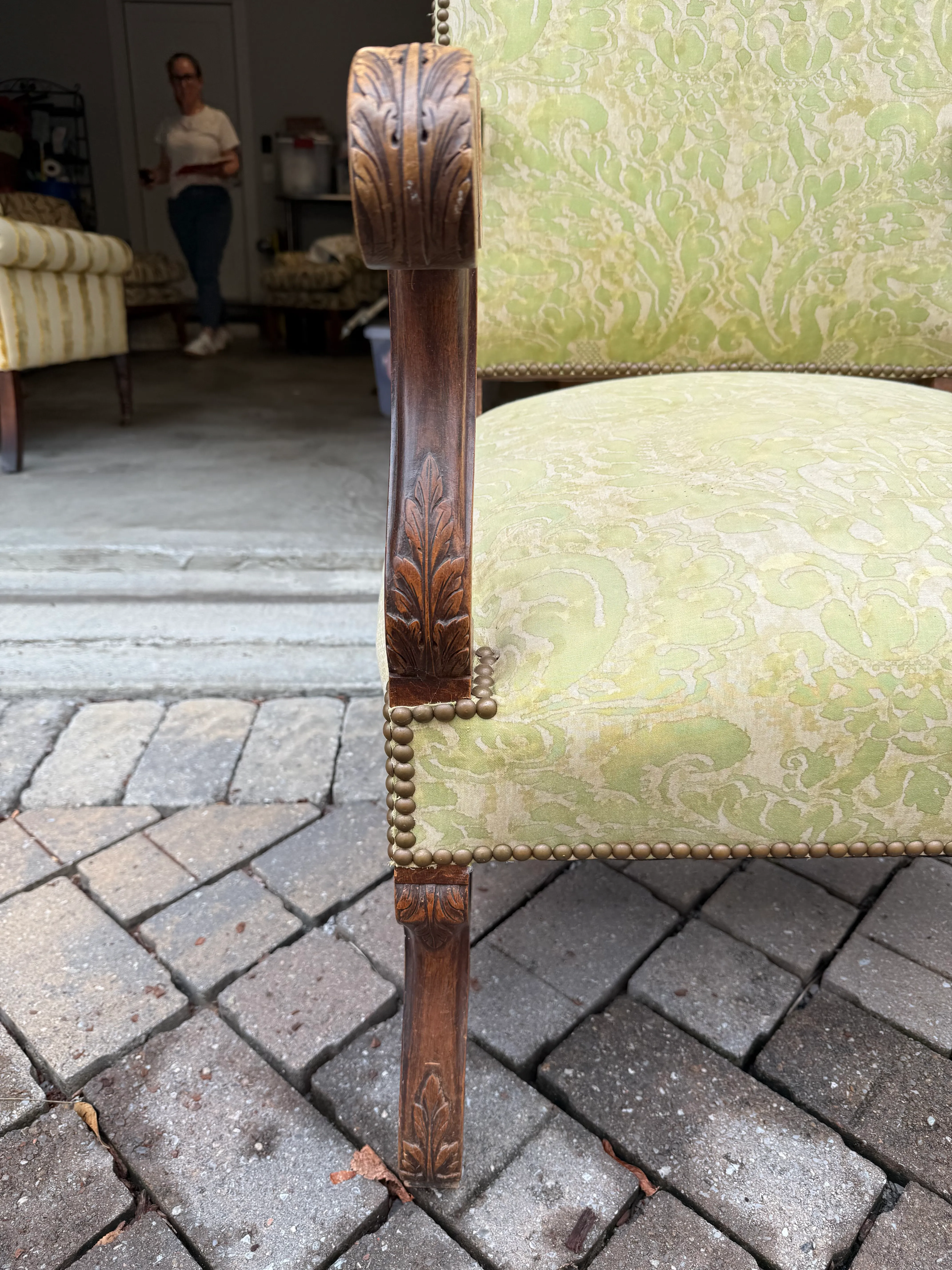 Antique Os De Mouton Chair in Green Fortuny Fabric