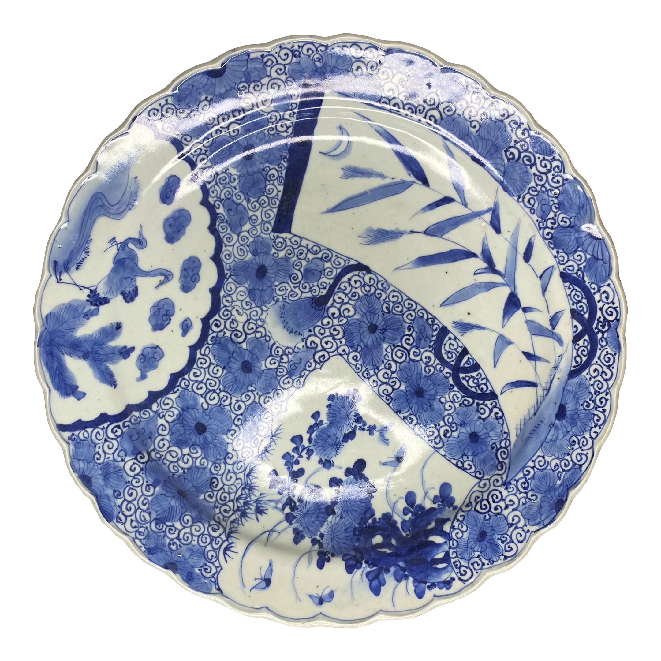 19th Century Large Japanese Hand Painted Meiji Blue and White Porcelain Plate