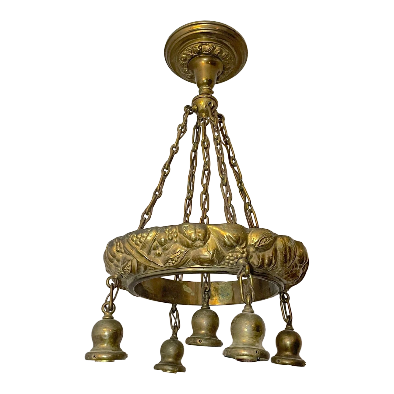 Antique Ornate Heavy Gilt Bronze Fruit Veggie Relief Ceiling Fixture Chandelier