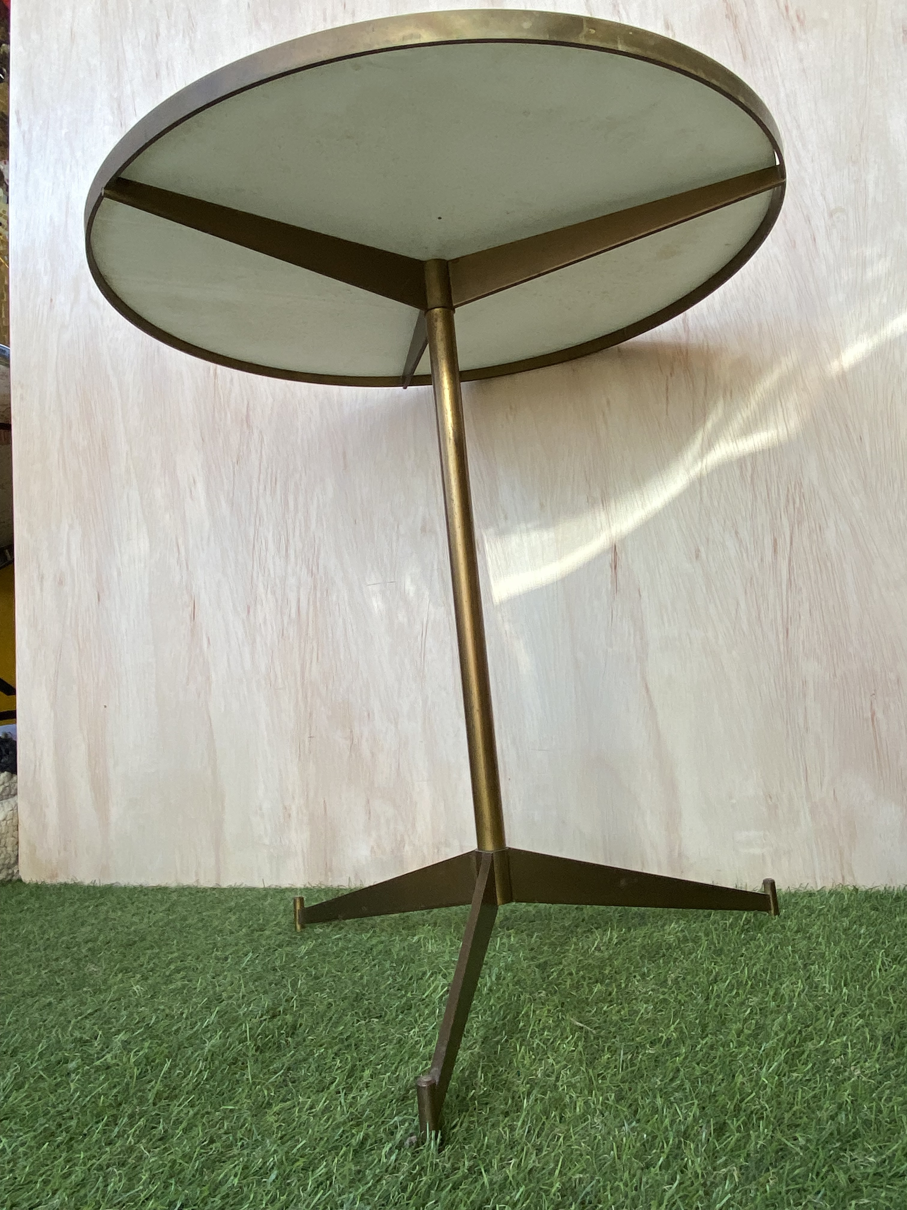 paul mccobb cigarette table 1950s Paul McCobb Orig. Vitrolite Milk Glass Top Brass Cigarette Side Table