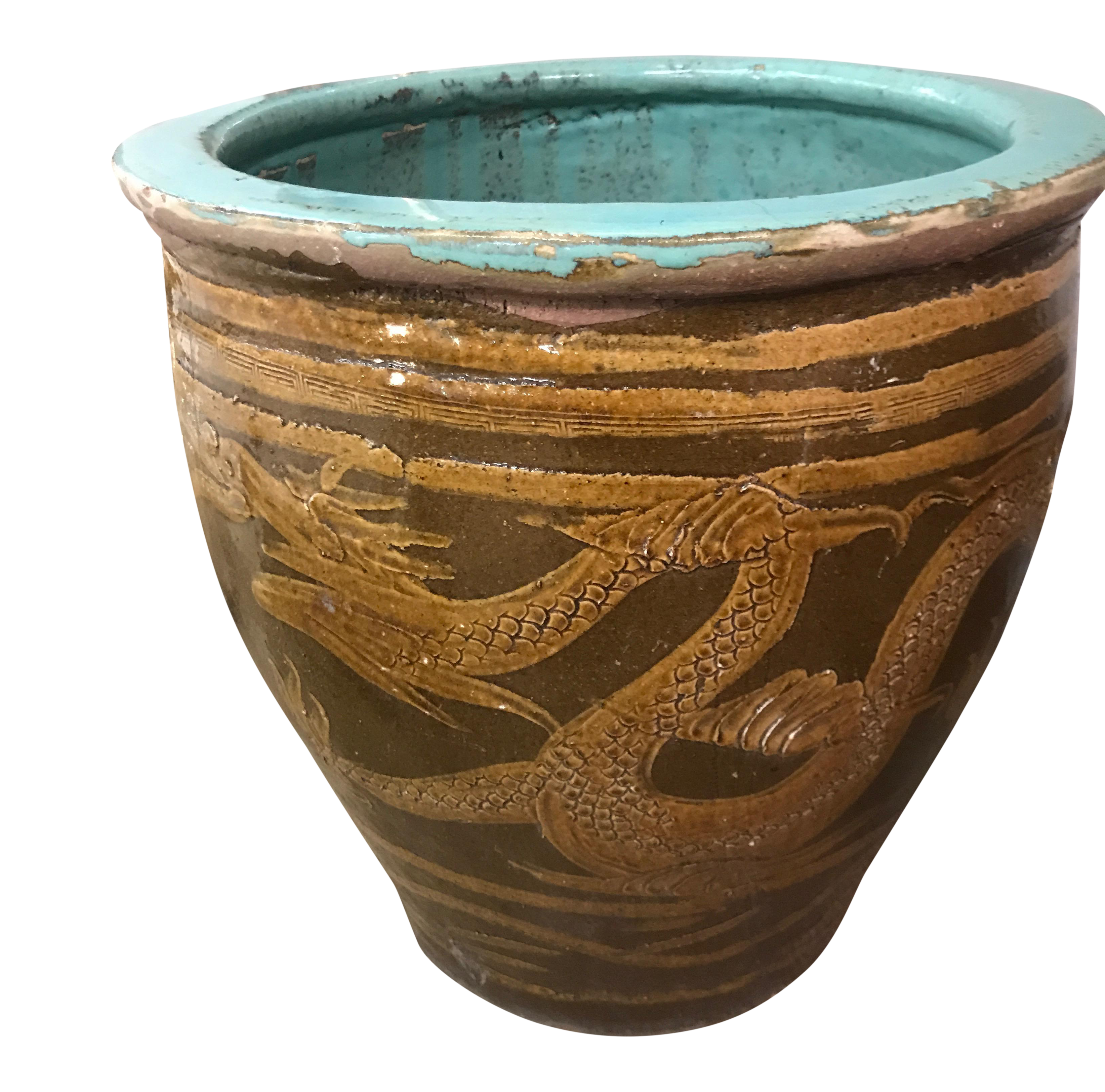 Large Chinese Clay Dragon Egg Pot Planter With Turquoise Inside