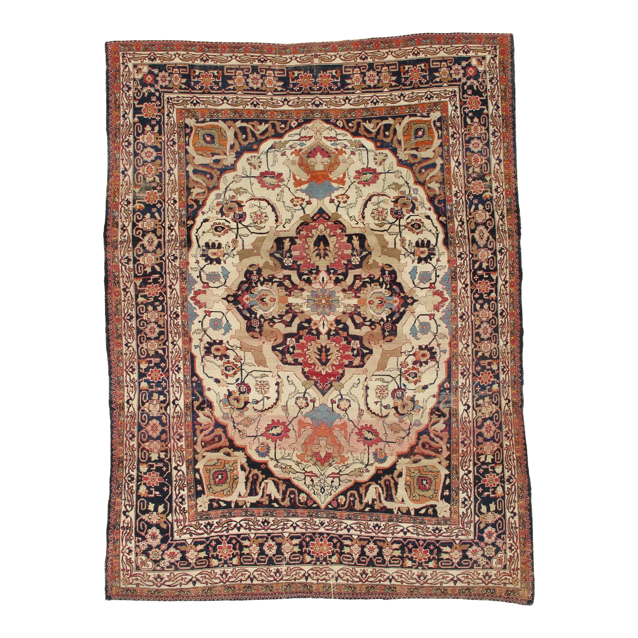 Antique Persian Lavar Kerman Oriental Carpet, Handmade, White, Navy, Jewel Tone