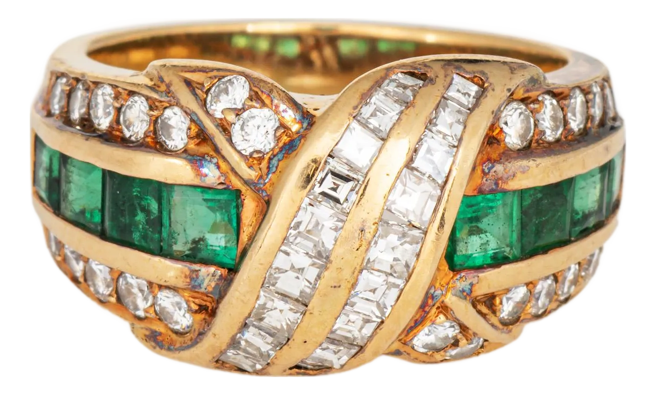 80s Vintage Tiffany & Co Ring Emerald Diamond Sz 6 18k Yellow Gold