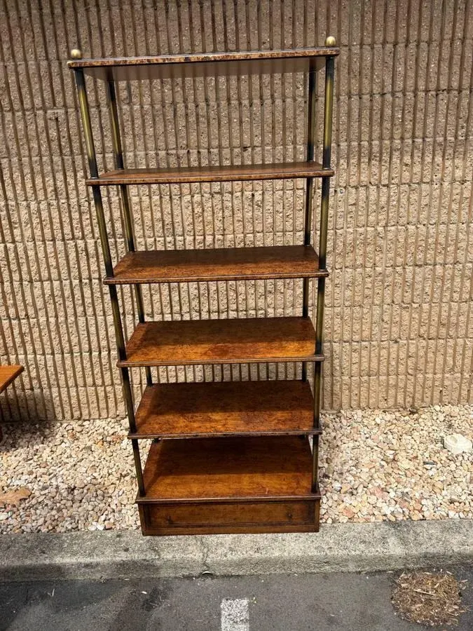 Vintage Hollywood Regency Style Brass Frame Burled Wooden Shelves