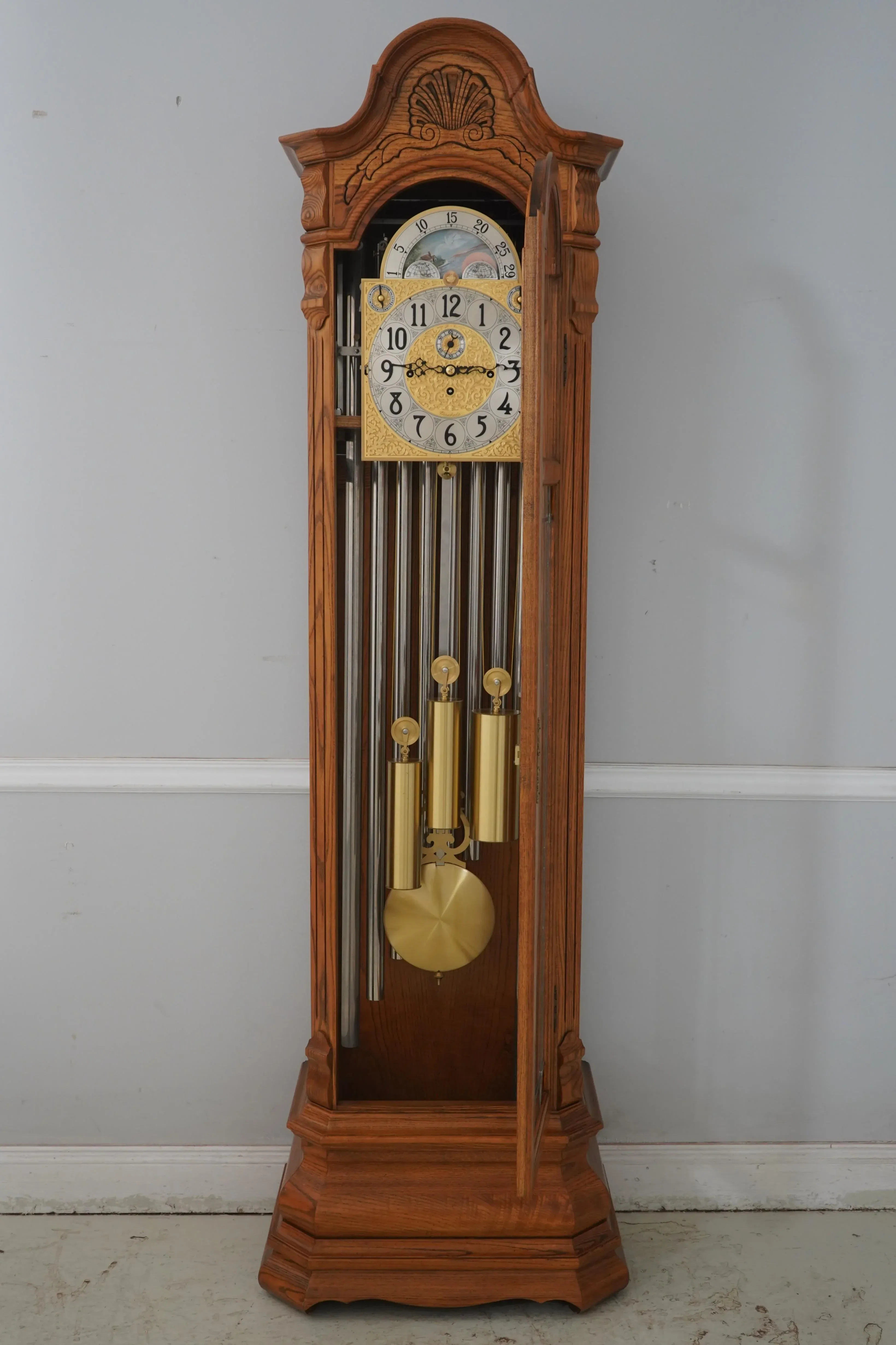 1598❣️ 鐘　　アンティーク　オブジェ Herschede Oak Thomas Jefferson 9 Tube Grandfather Clock | Chairish
