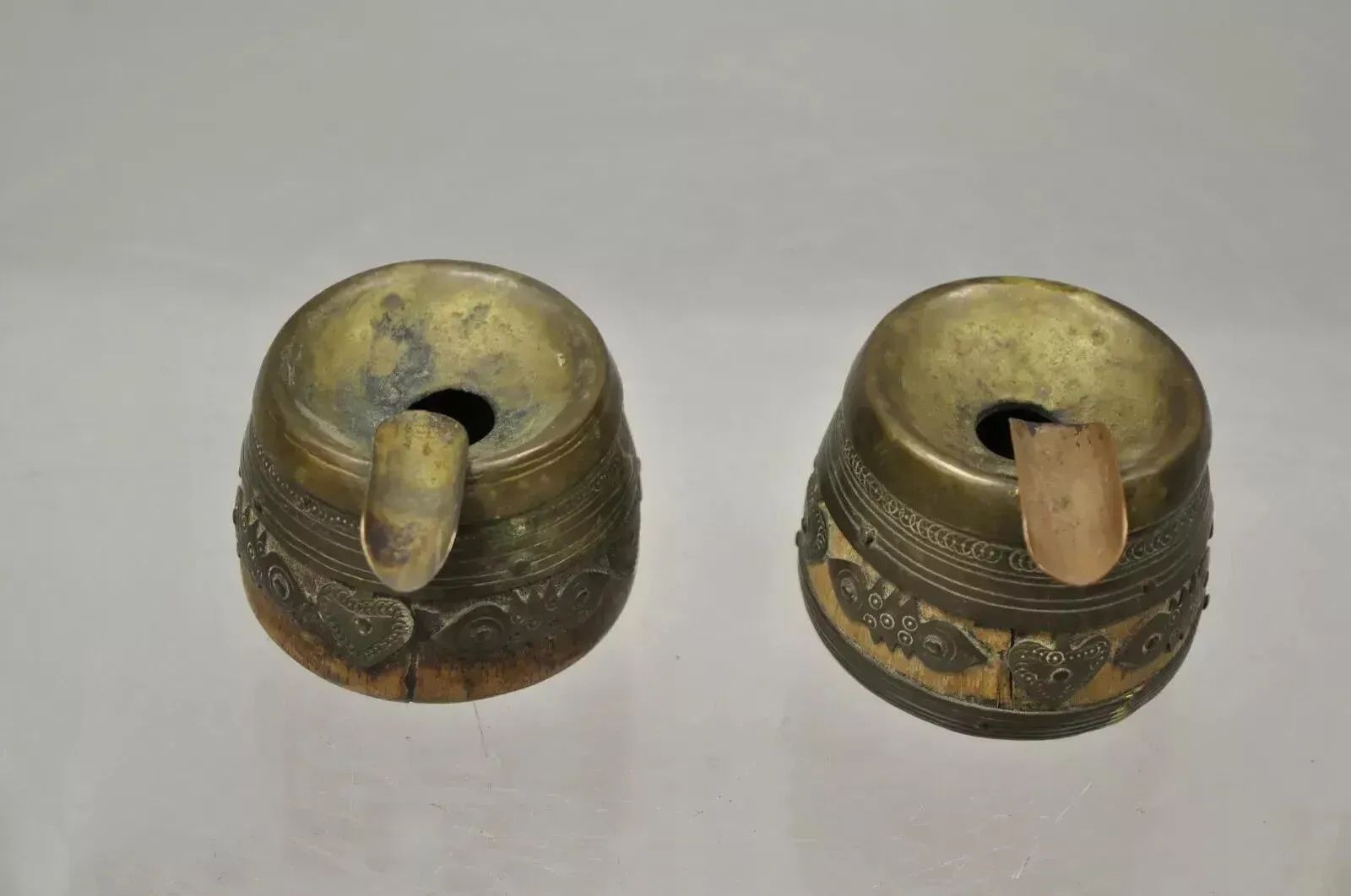 19th C. Antique Indian Brass and Wood Smoking Tobacco Jar, Box & Ashtray  Set