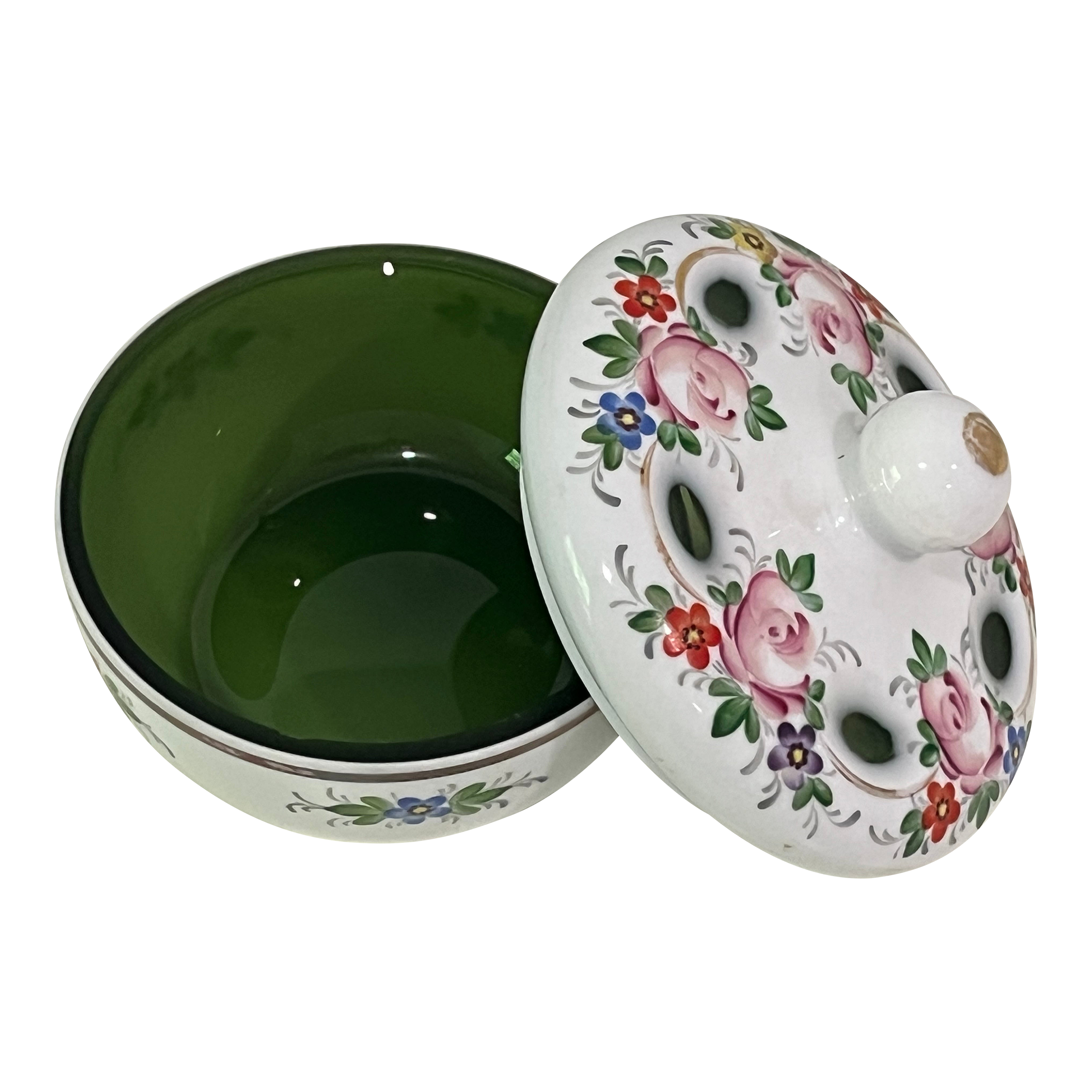 Vintage Bohemian Czech Lidded Dish Overlaid Cut Glass Cased Hand Painted