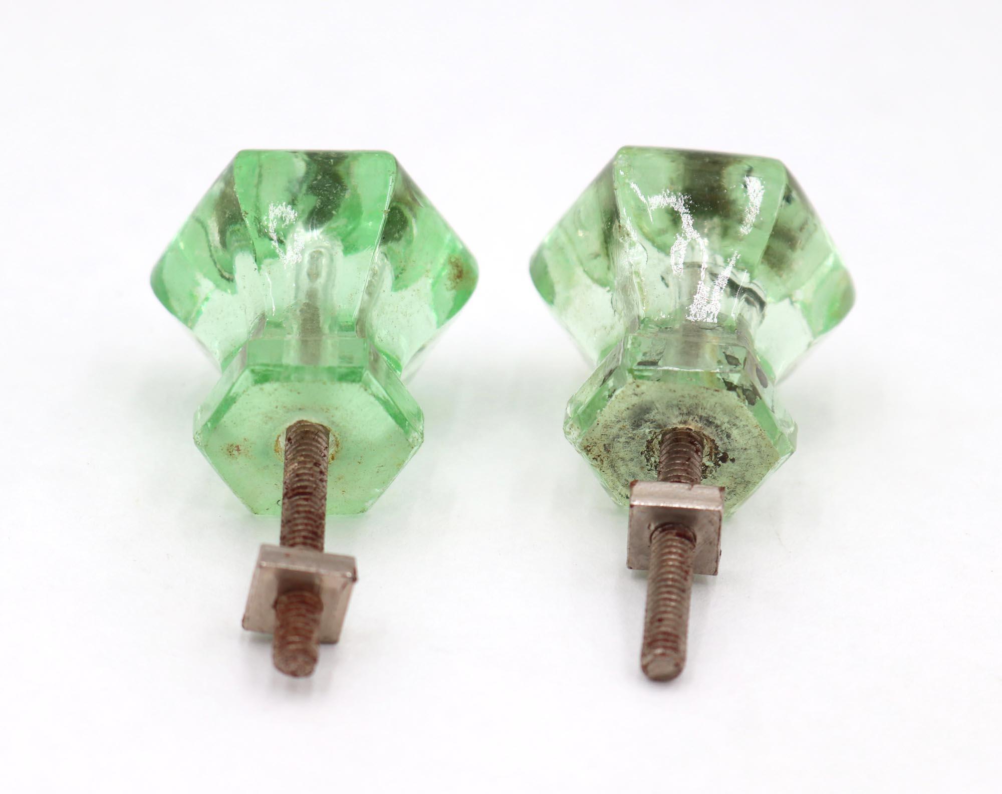 Pair of Vintage 1.25 In. Hexagon Green Glass Cabinet Knobs